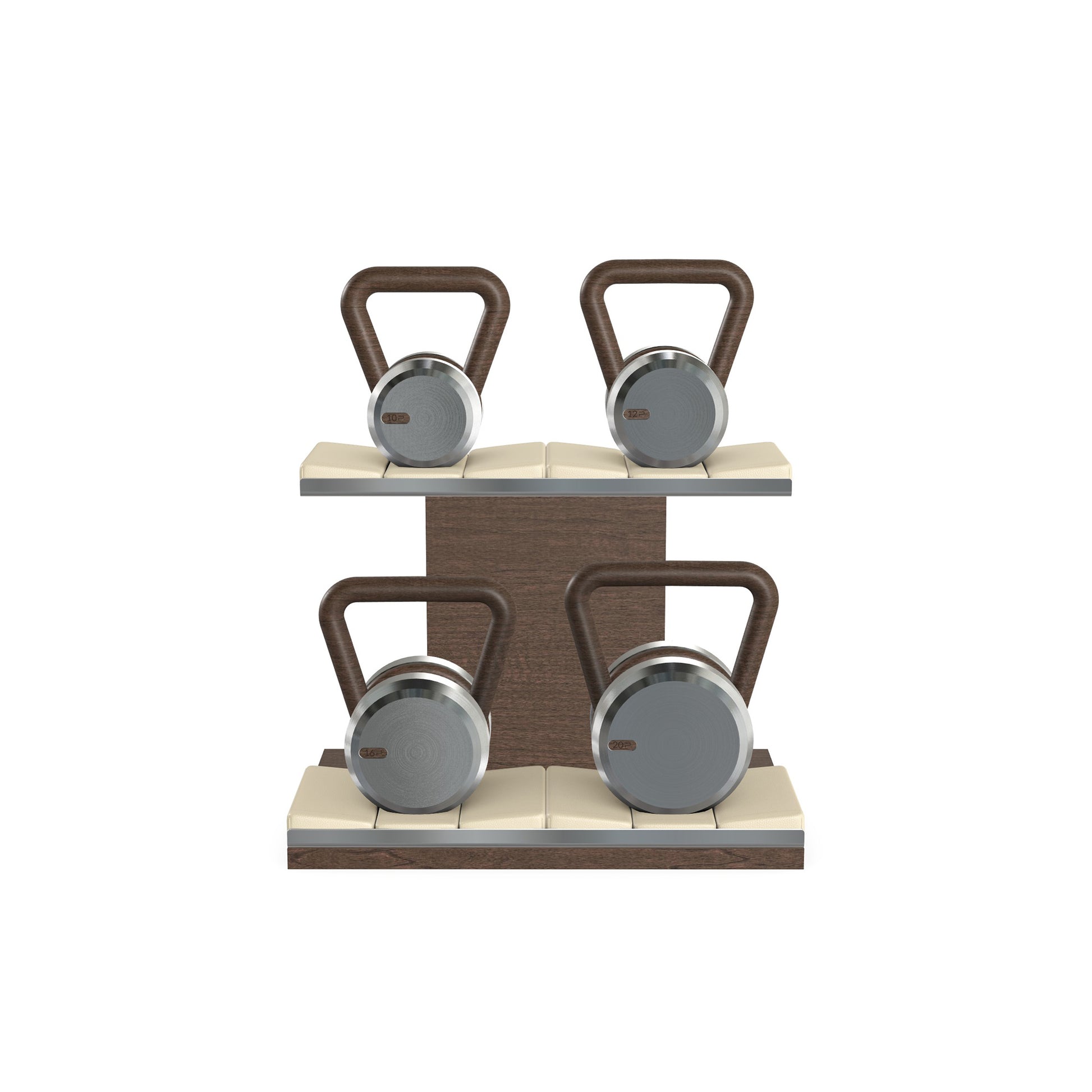 Luxury fitness equipment, luxury kettlebells with 10, 12, 16 and 20 KG, on horizontal wooden stand, handcrafted with stainless steel, premium Italian beige leather and dark walnut wood. 