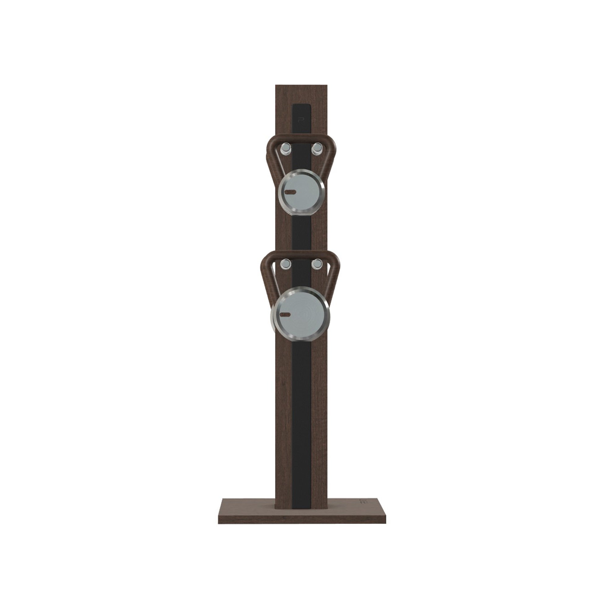 Luxury fitness equipment, 4 luxury kettlebells on vertical wooden stand, handcrafted with stainless steel, premium Italian black leather and dark walnut wood. PENT. LOVA Set (2)