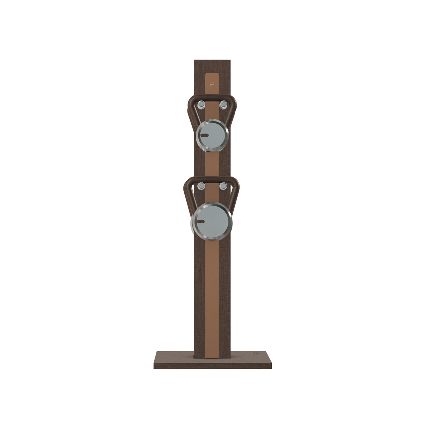 Luxury fitness equipment, 4 luxury kettlebells on vertical wooden stand, handcrafted with stainless steel, premium Italian brown leather and dark walnut wood. PENT. LOVA Set (2)