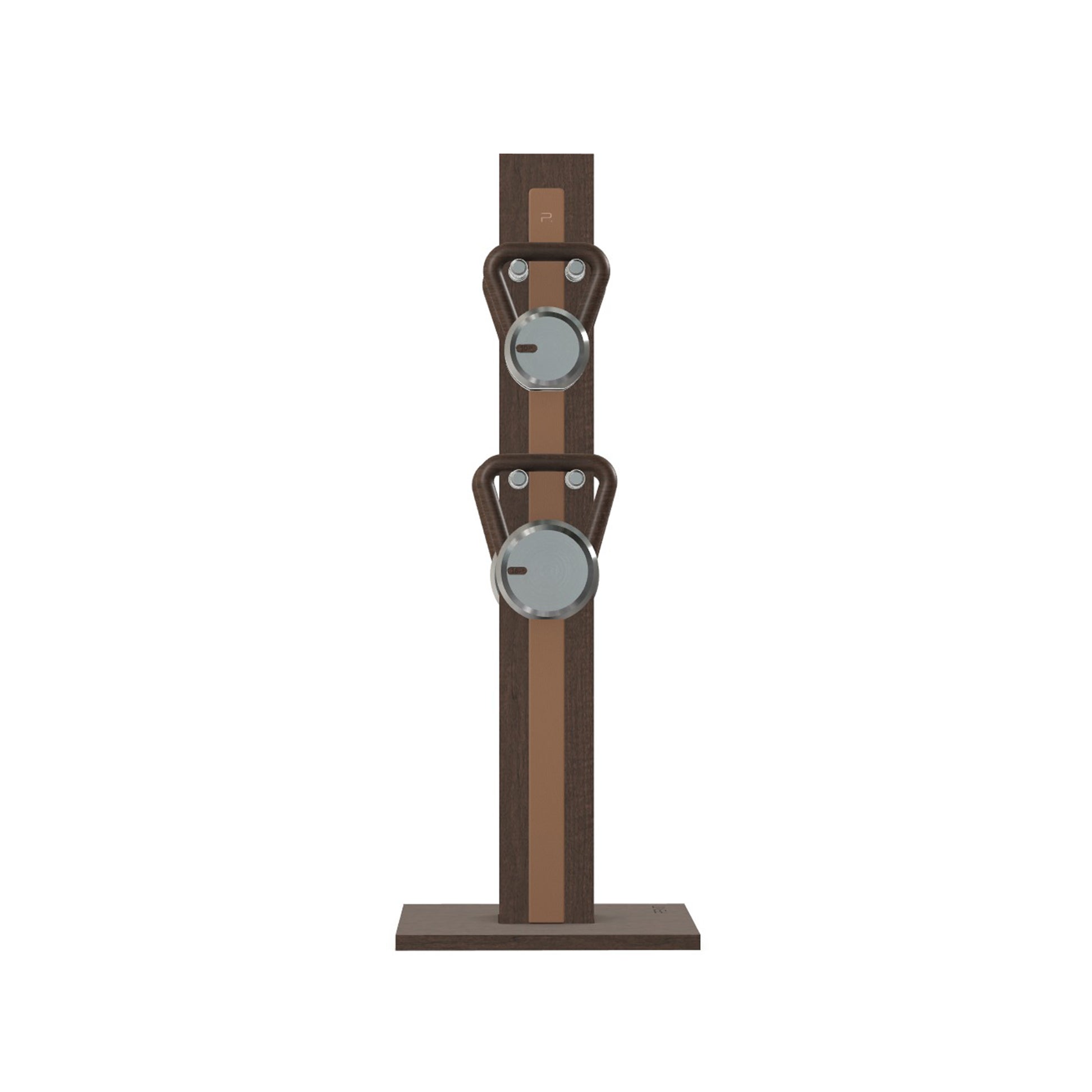 Luxury fitness equipment, 4 luxury kettlebells on vertical wooden stand, handcrafted with stainless steel, premium Italian brown leather and dark walnut wood. PENT. LOVA Set (2)