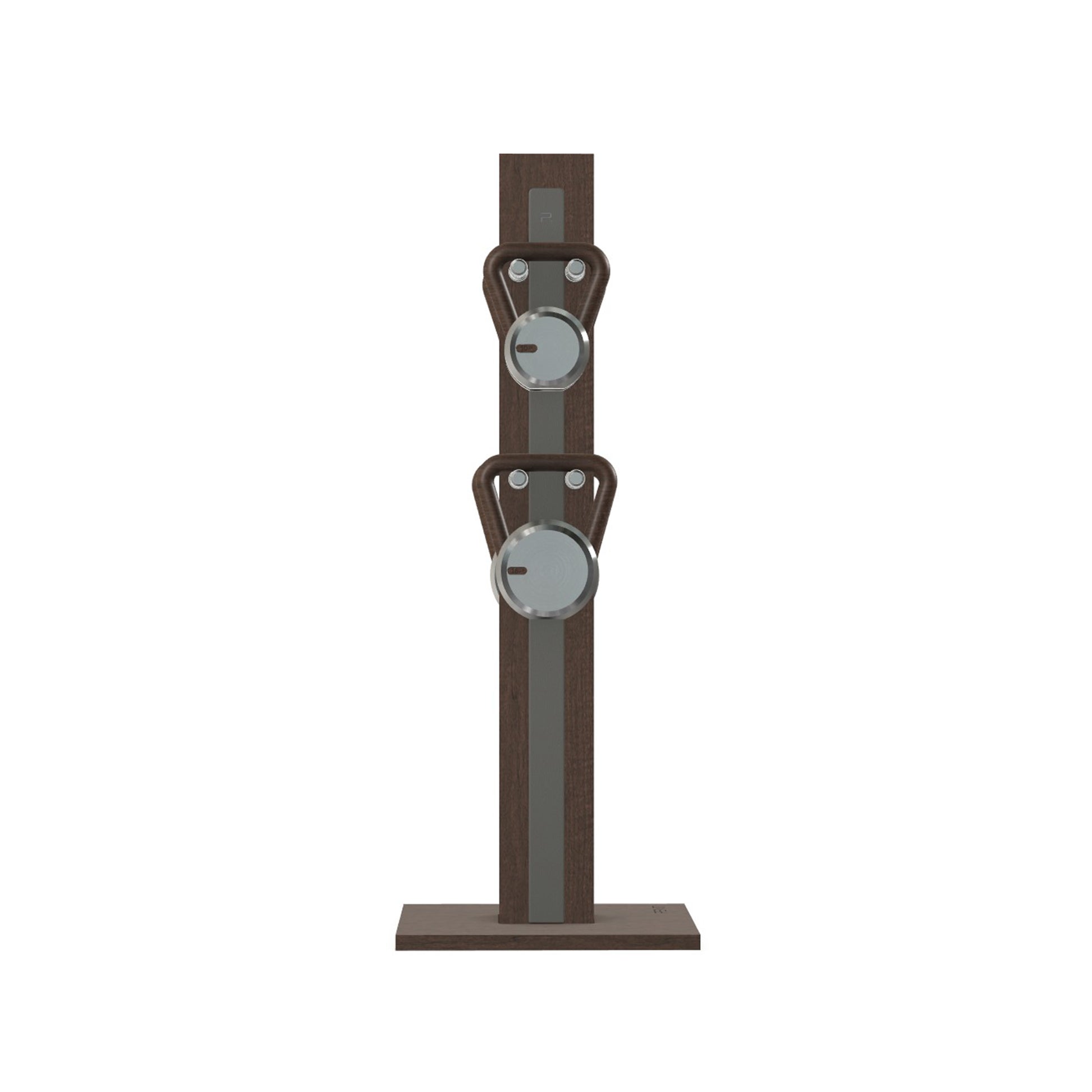 Luxury fitness equipment, 4 luxury kettlebells on vertical wooden stand, handcrafted with stainless steel, premium Italian grey leather and dark walnut wood. PENT. LOVA Set (2)