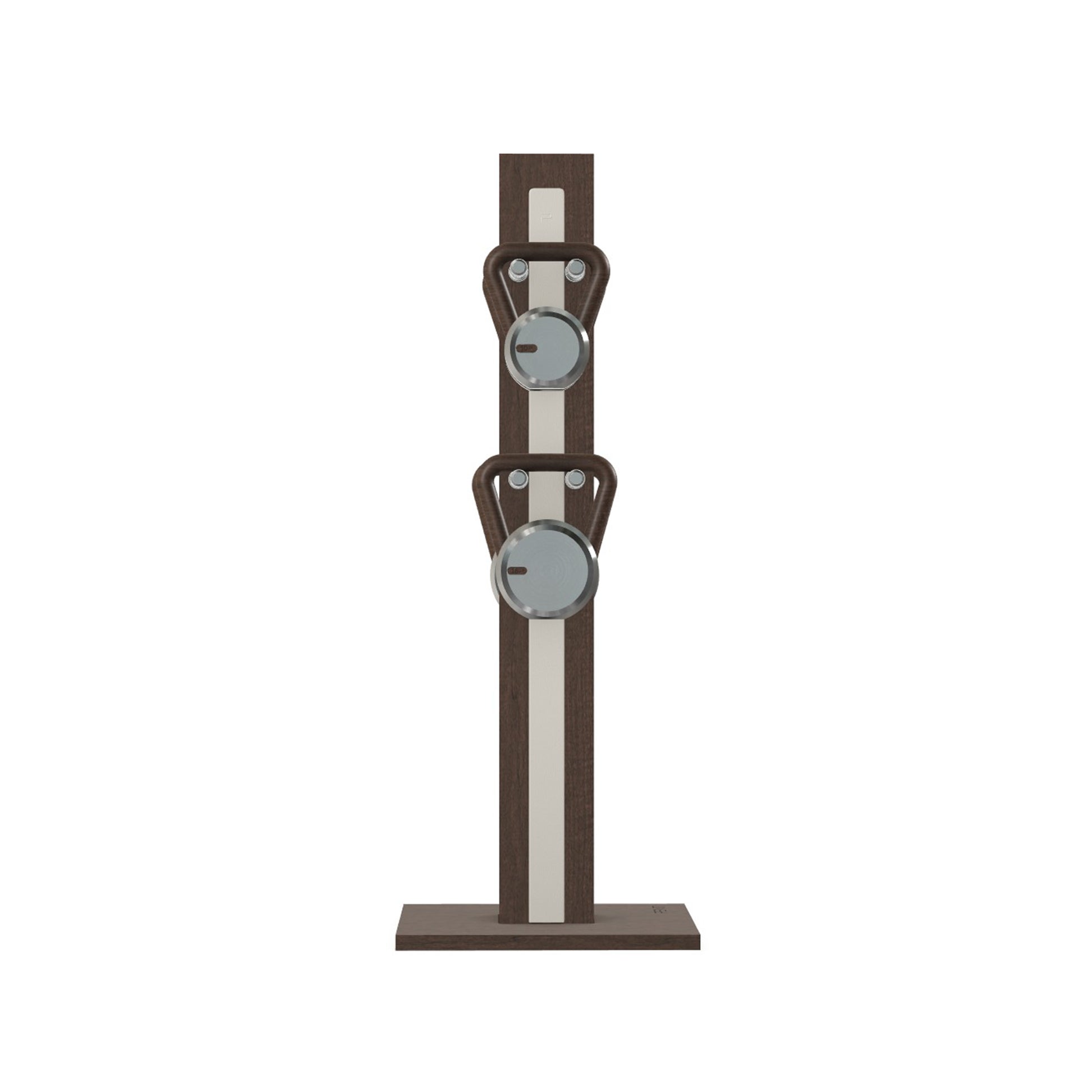 Luxury fitness equipment, 4 luxury kettlebells on vertical wooden stand, handcrafted with stainless steel, premium Italian white leather and dark walnut wood. PENT. LOVA Set (2)