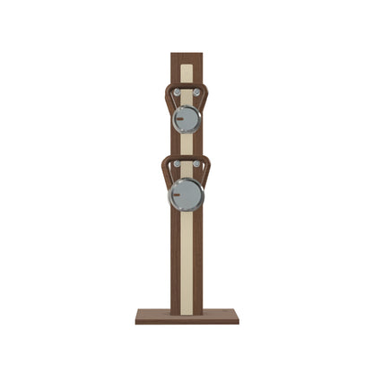 Luxury fitness equipment, 4 luxury kettlebells on vertical wooden stand, handcrafted with stainless steel, premium Italian beige leather and natural walnut wood. PENT. LOVA Set (2)