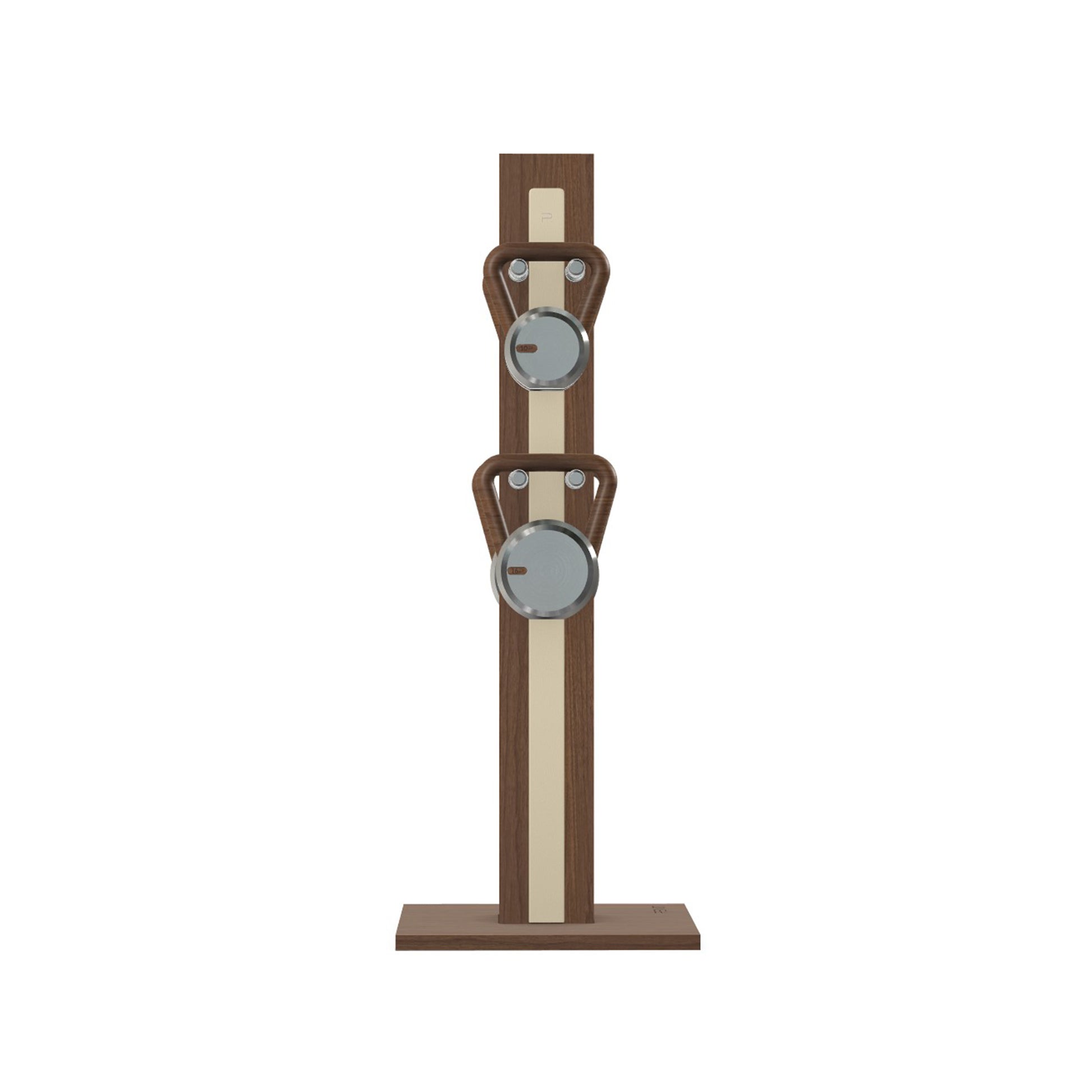 Luxury fitness equipment, 4 luxury kettlebells on vertical wooden stand, handcrafted with stainless steel, premium Italian beige leather and natural walnut wood. PENT. LOVA Set (2)