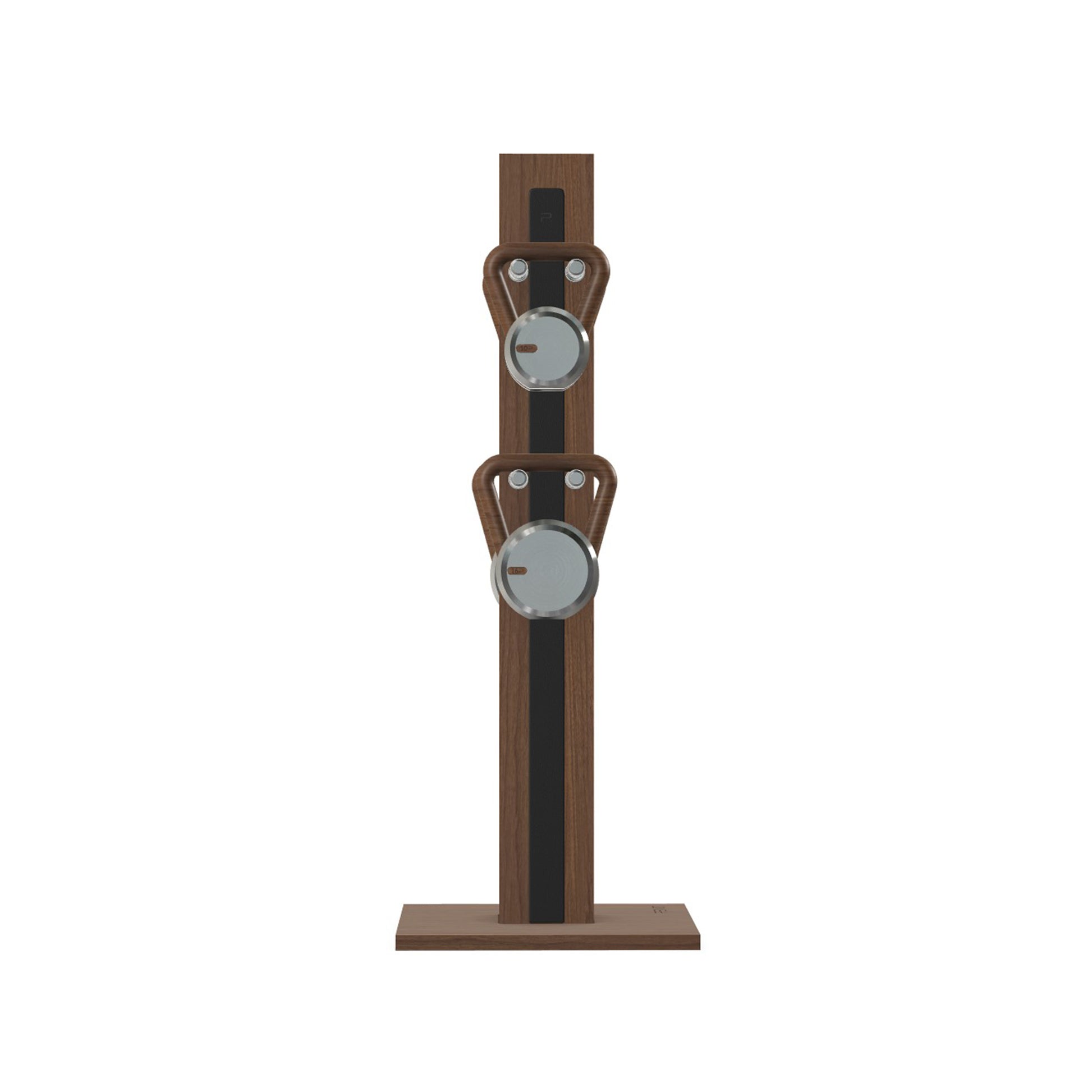 Luxury fitness equipment, 4 luxury kettlebells on vertical wooden stand, handcrafted with stainless steel, premium Italian black leather and natural walnut wood. PENT. LOVA Set (2)