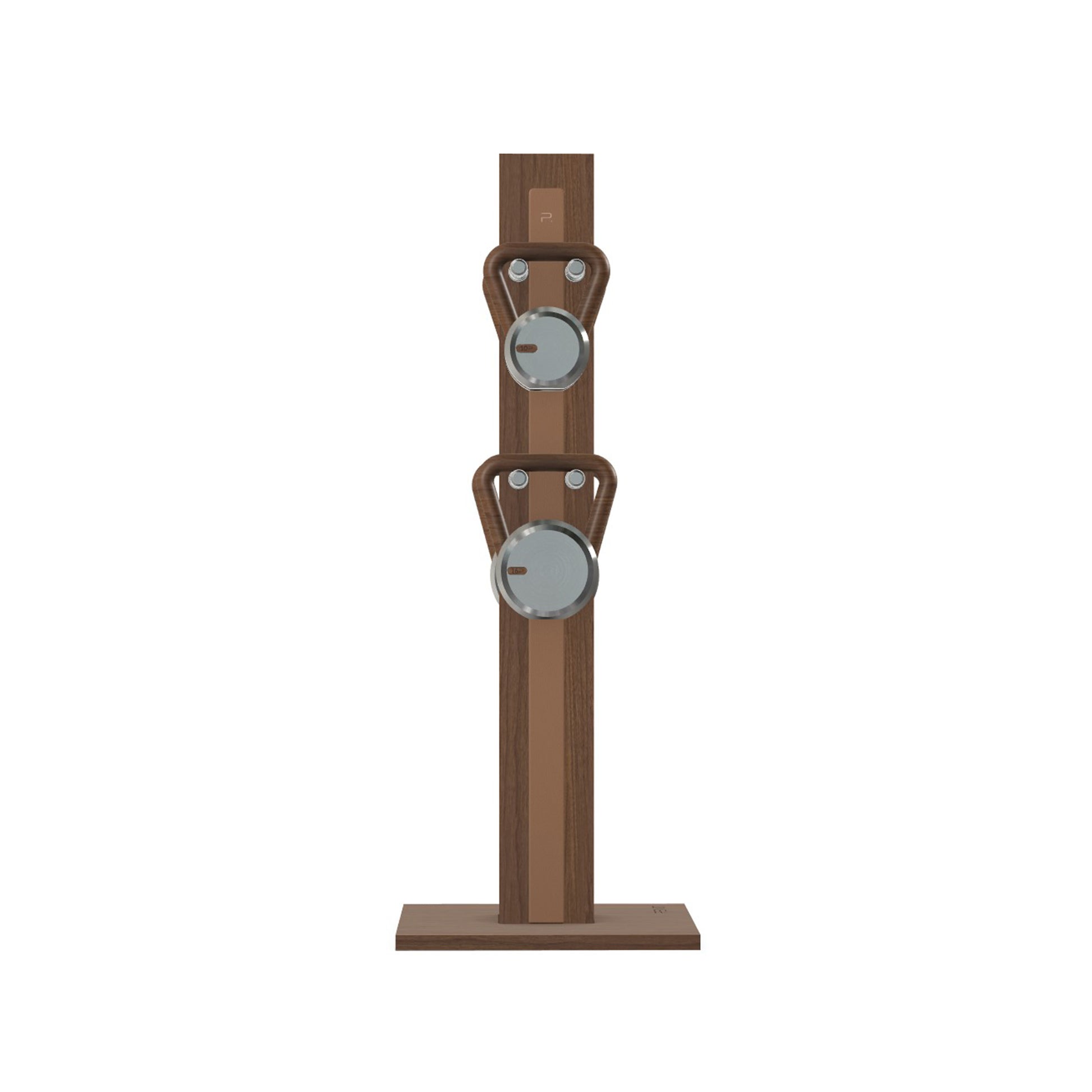 Luxury fitness equipment, 4 luxury kettlebells on vertical wooden stand, handcrafted with stainless steel, premium Italian brown leather and natural walnut wood. PENT. LOVA Set (2)