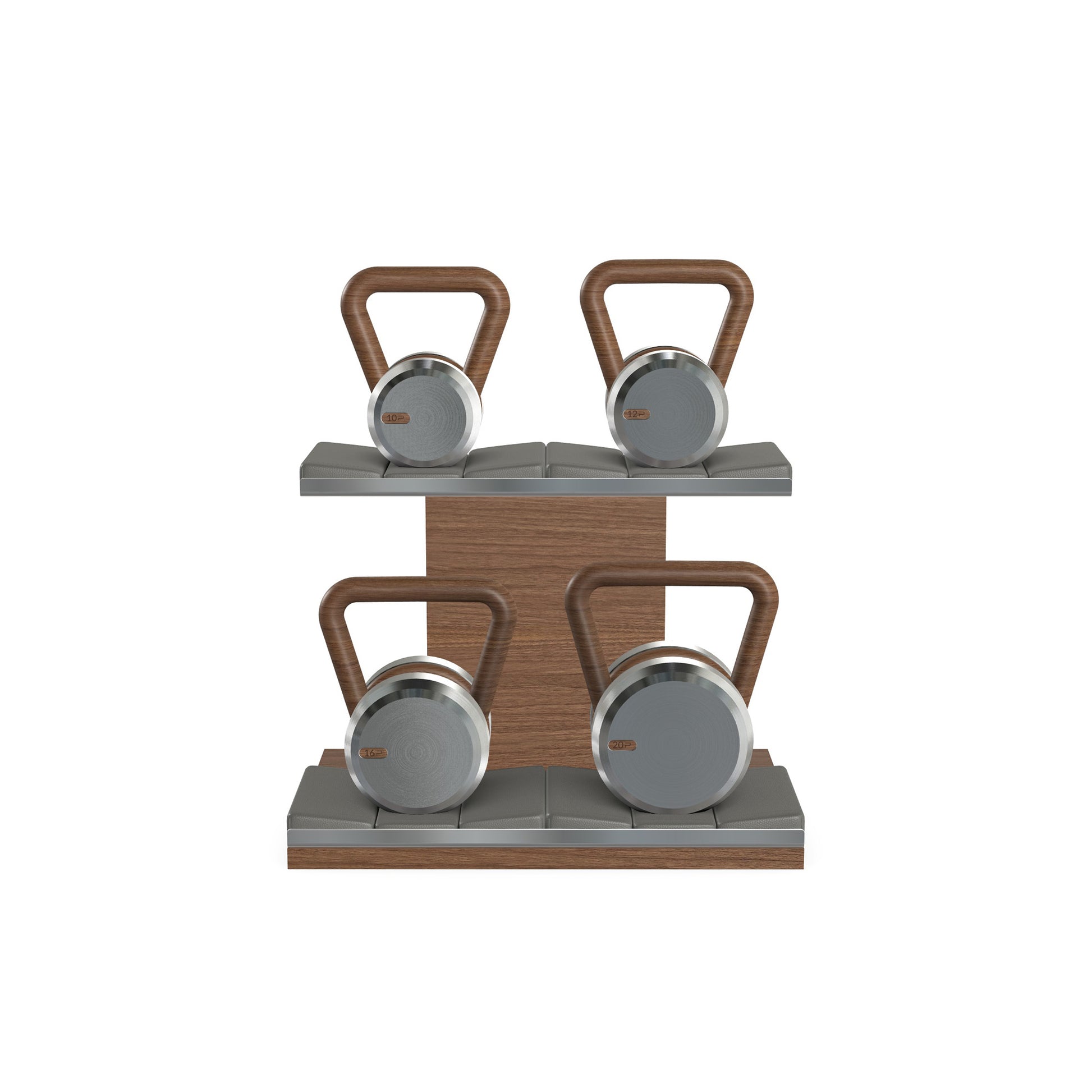 Luxury fitness equipment, luxury kettlebells with 10, 12, 16 and 20 KG, on horizontal wooden stand, handcrafted with stainless steel, premium Italian grey leather and natural walnut wood. 