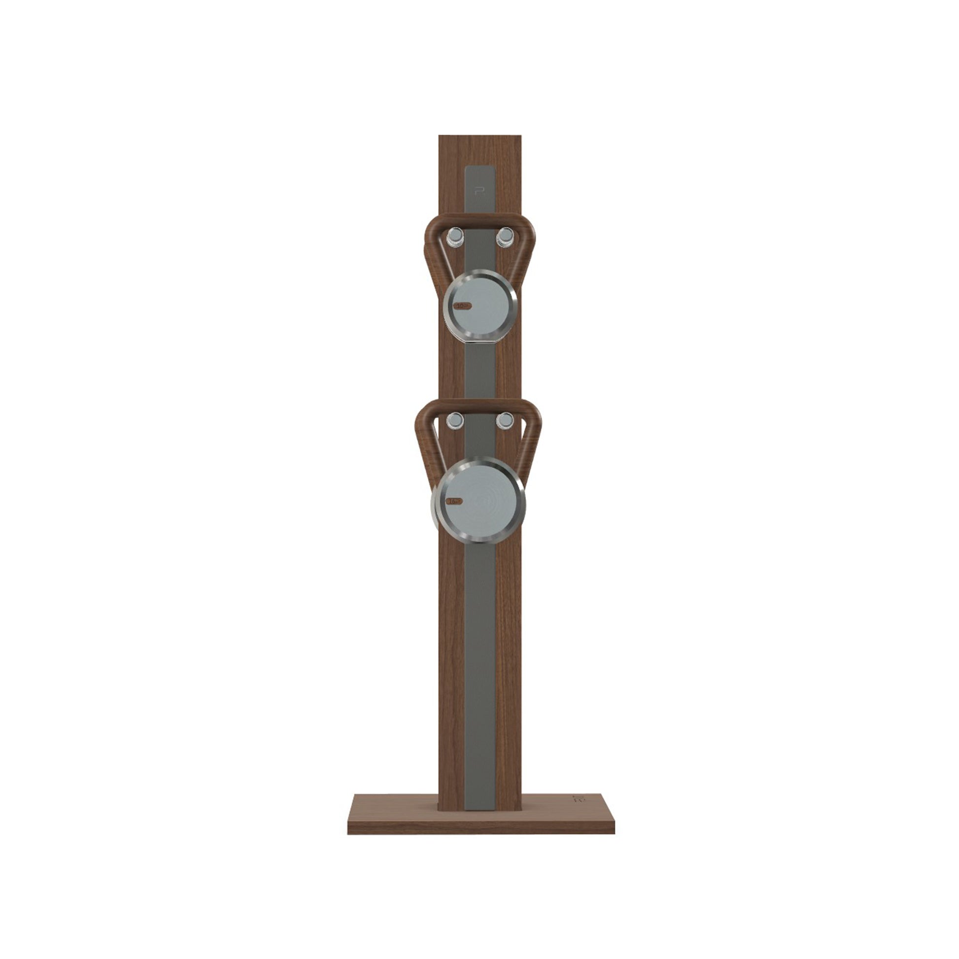 Luxury fitness equipment, 4 luxury kettlebells on vertical wooden stand, handcrafted with stainless steel, premium Italian grey leather and natural walnut wood. PENT. LOVA Set (2)