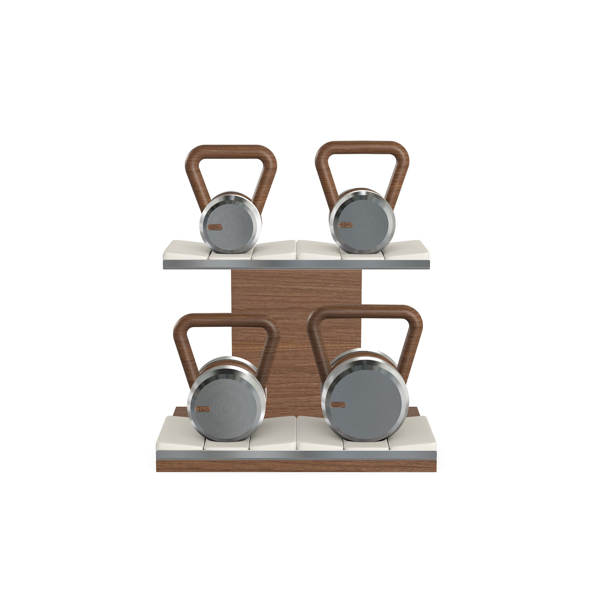 Luxury fitness equipment, luxury kettlebells with 10, 12, 16 and 20 KG, on horizontal wooden stand, handcrafted with stainless steel, premium Italian white leather and natural walnut wood. 