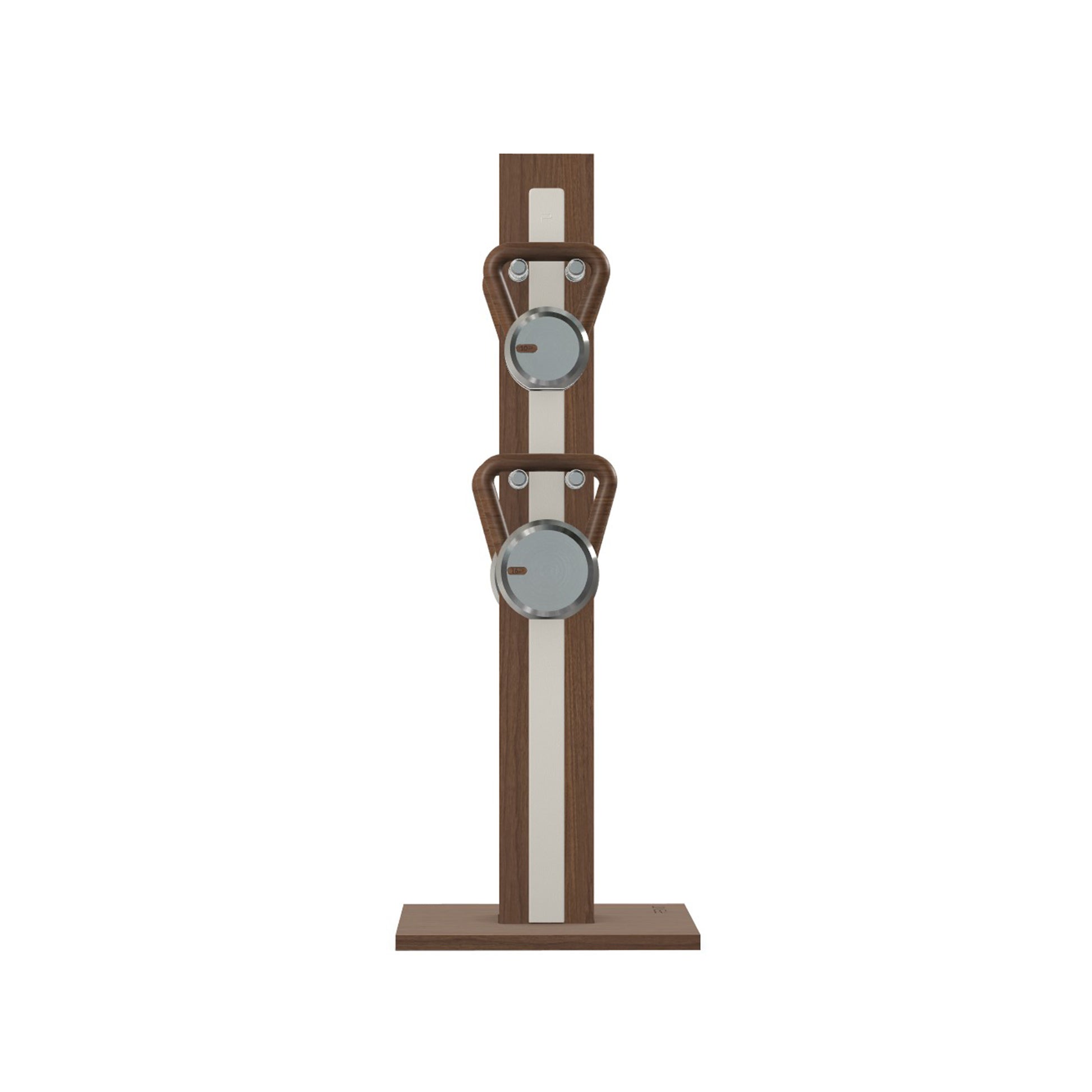 Luxury fitness equipment, 4 luxury kettlebells on vertical wooden stand, handcrafted with stainless steel, premium Italian white leather and natural walnut wood. PENT. LOVA Set (2)