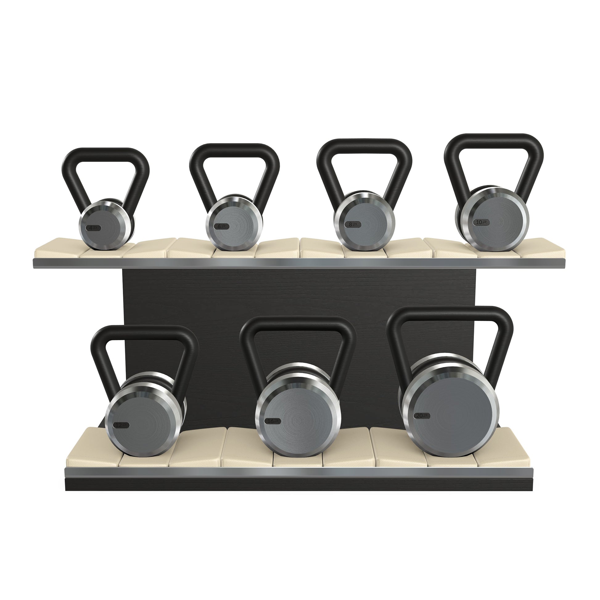 Luxury fitness equipment, 7 premium kettlebells on horizontal wooden stand, handcrafted with stainless steel, premium Italian beige leather and black ash wood. 