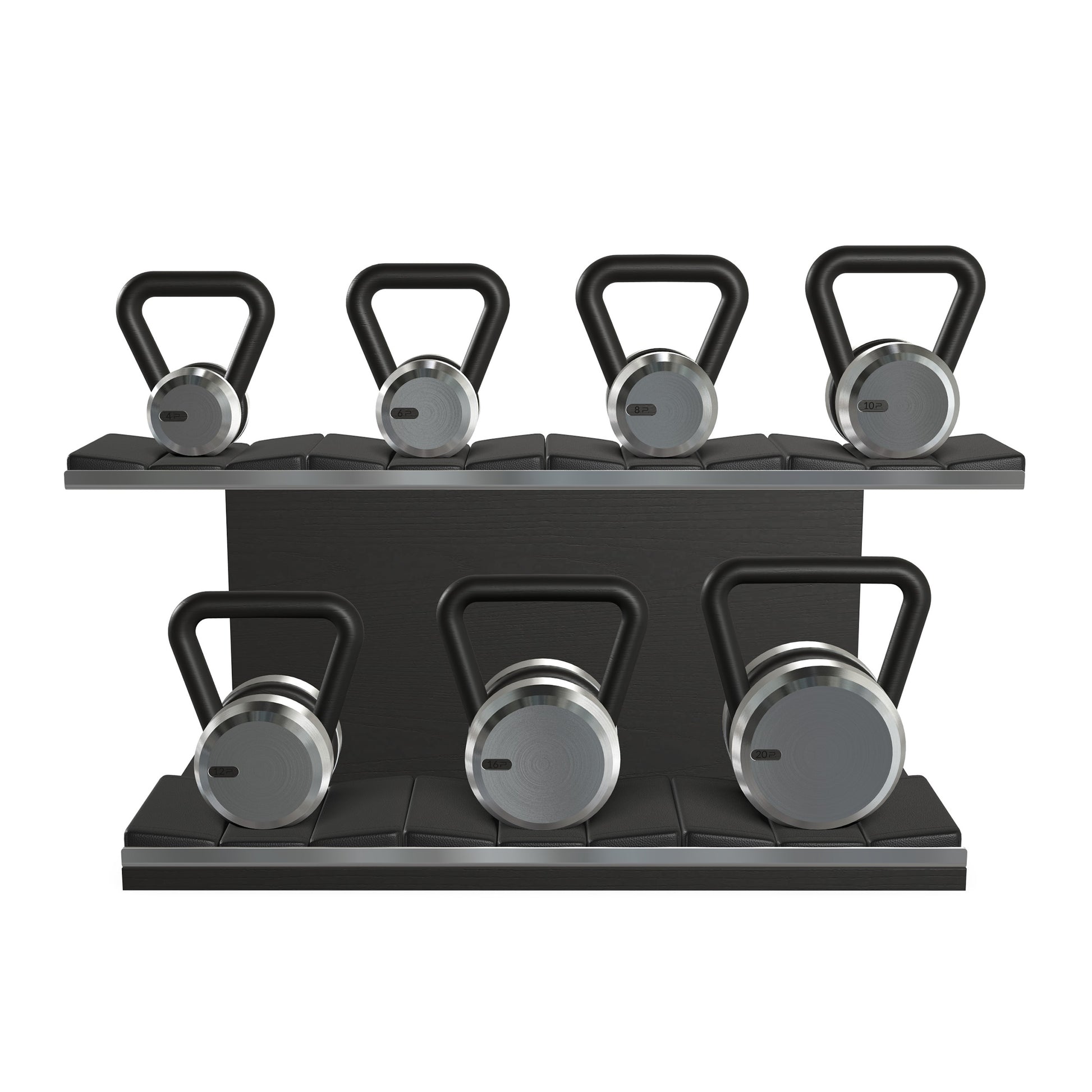 Luxury fitness equipment, 7 premium kettlebells on horizontal wooden stand, handcrafted with stainless steel, premium Italian black leather and black ash wood. 