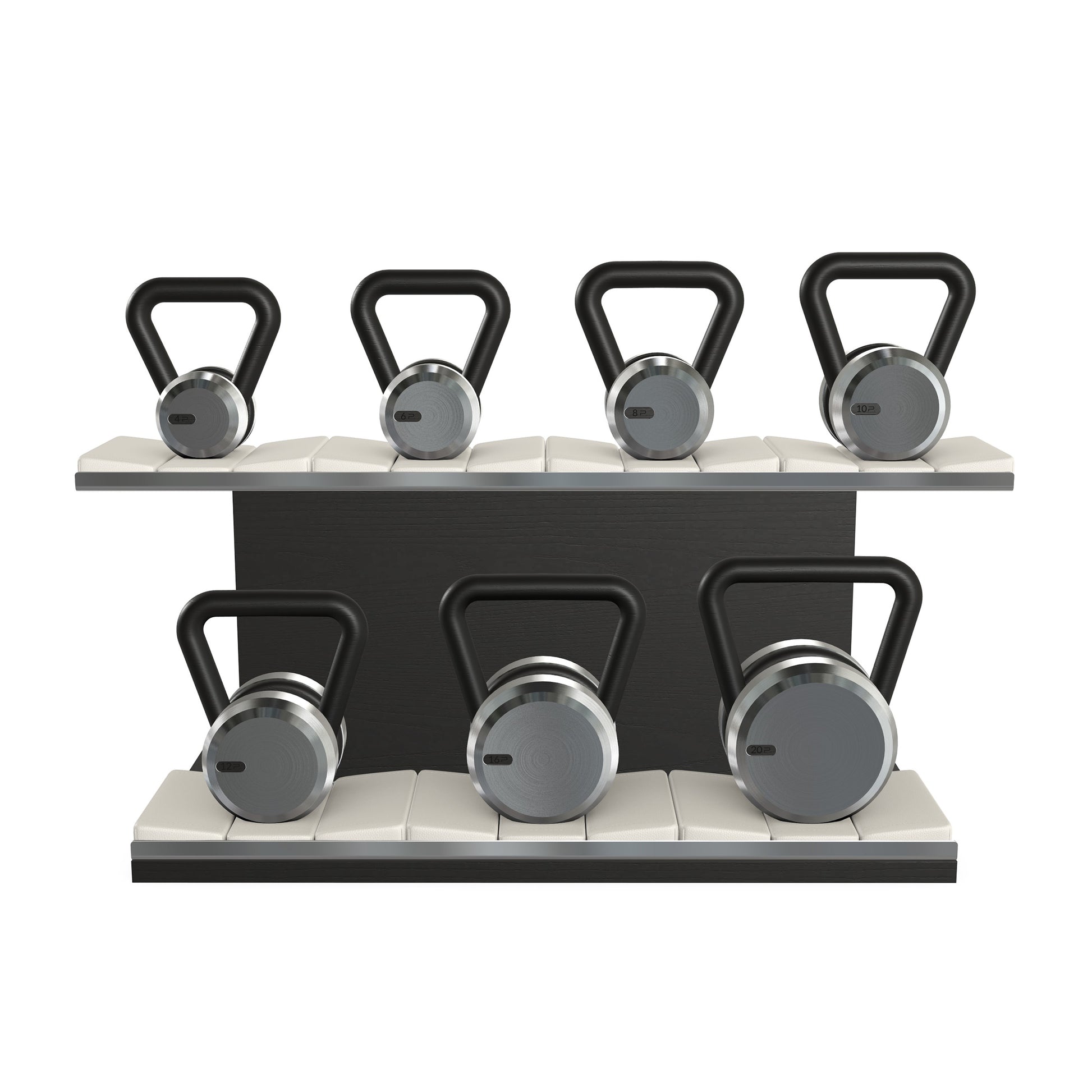 Luxury fitness equipment, 7 premium kettlebells on horizontal wooden stand, handcrafted with stainless steel, premium Italian brown leather and black ash wood. 
