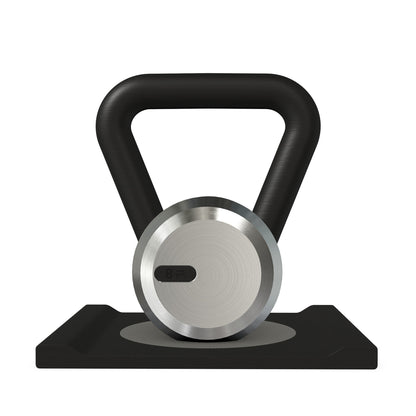 Luxury home gym equipment, premium kettlebell on wooden stand, made with stainless steel and black ash wood.