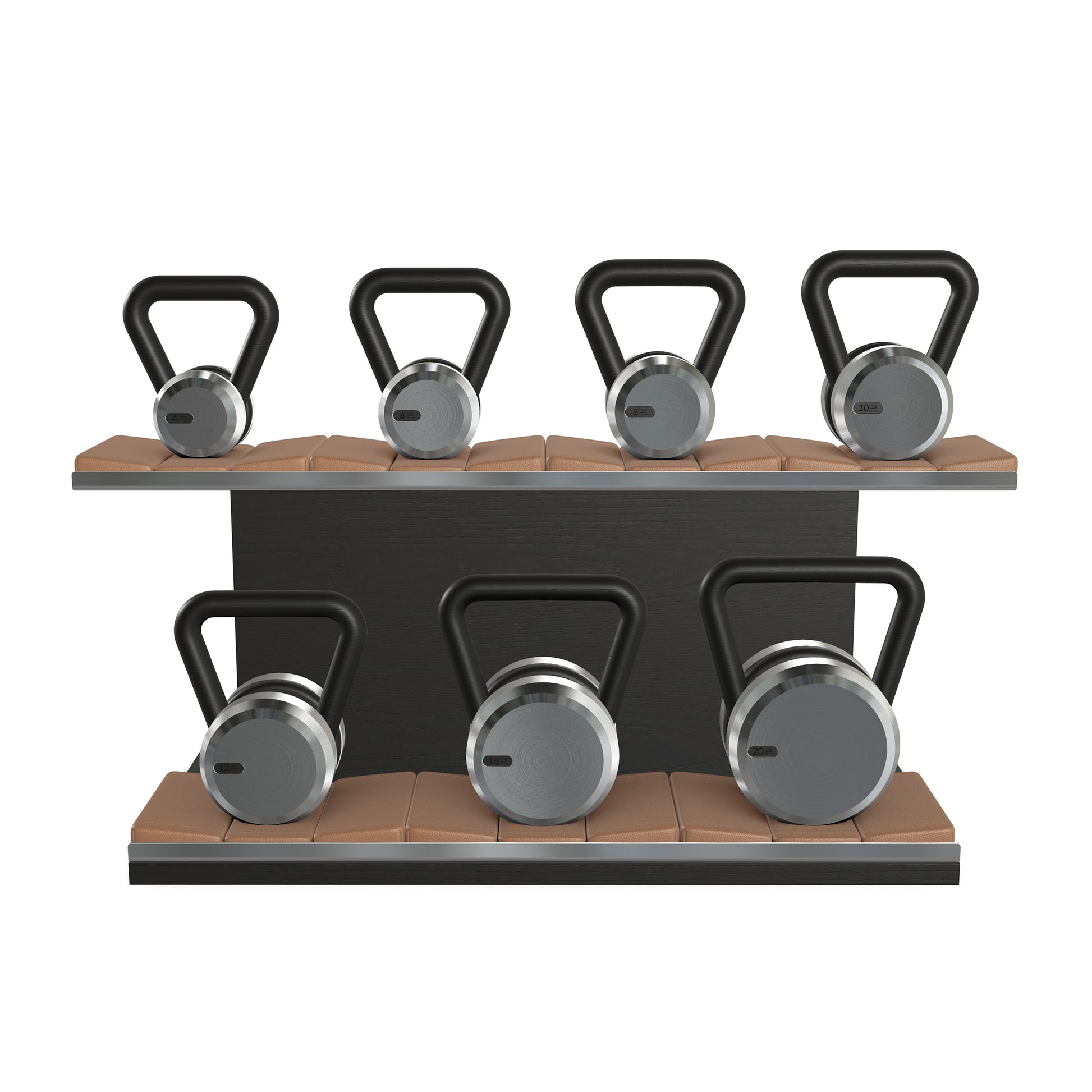 Luxury fitness equipment, 7 premium kettlebells on horizontal wooden stand, handcrafted with stainless steel, premium Italian grey leather and black ash wood. 