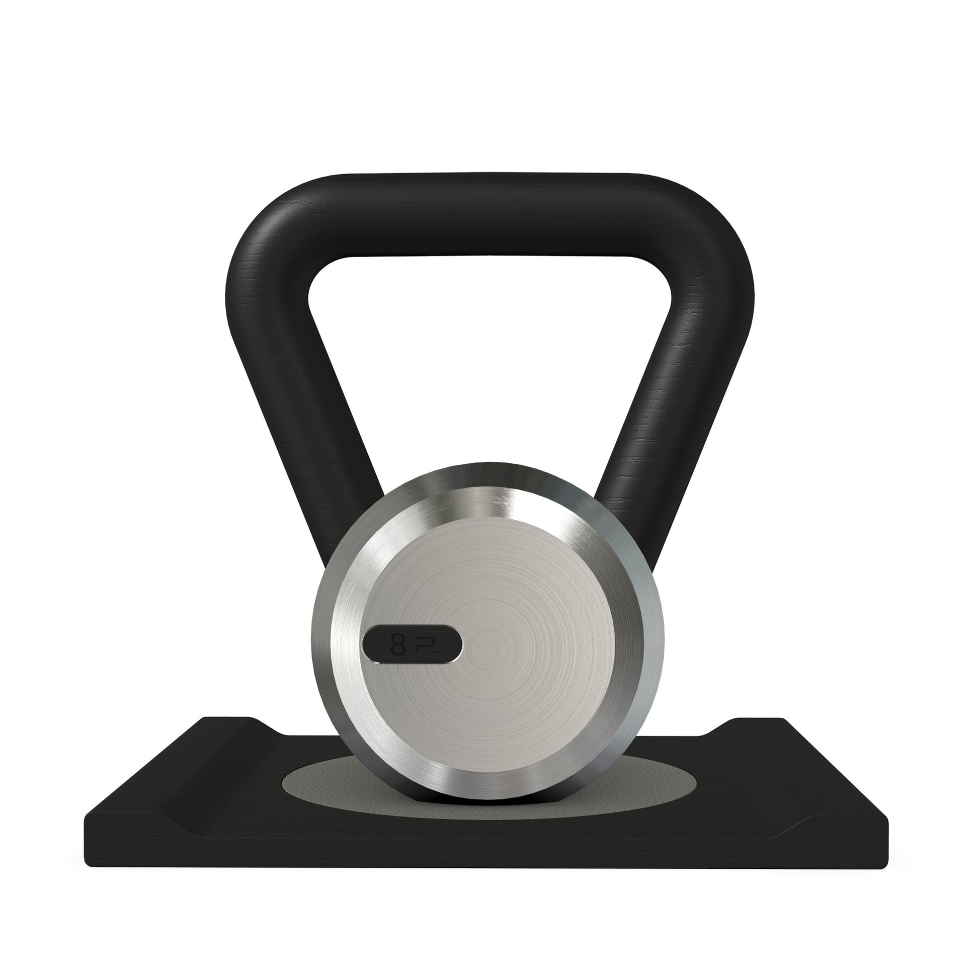 Luxury home gym equipment, premium kettlebell on wooden stand, made with stainless steel and black ash wood.
