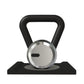 Luxury home gym equipment, premium kettlebell on wooden stand, made with stainless steel and black ash wood.
