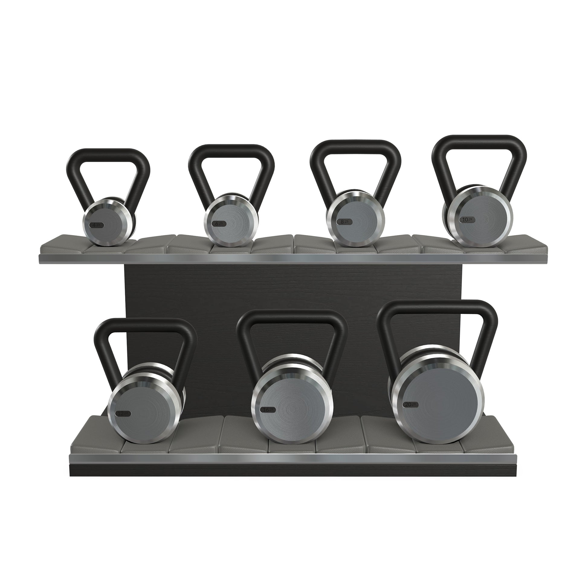 Luxury fitness equipment, 7 premium kettlebells on horizontal wooden stand, handcrafted with stainless steel, premium Italian white leather and black ash wood. 