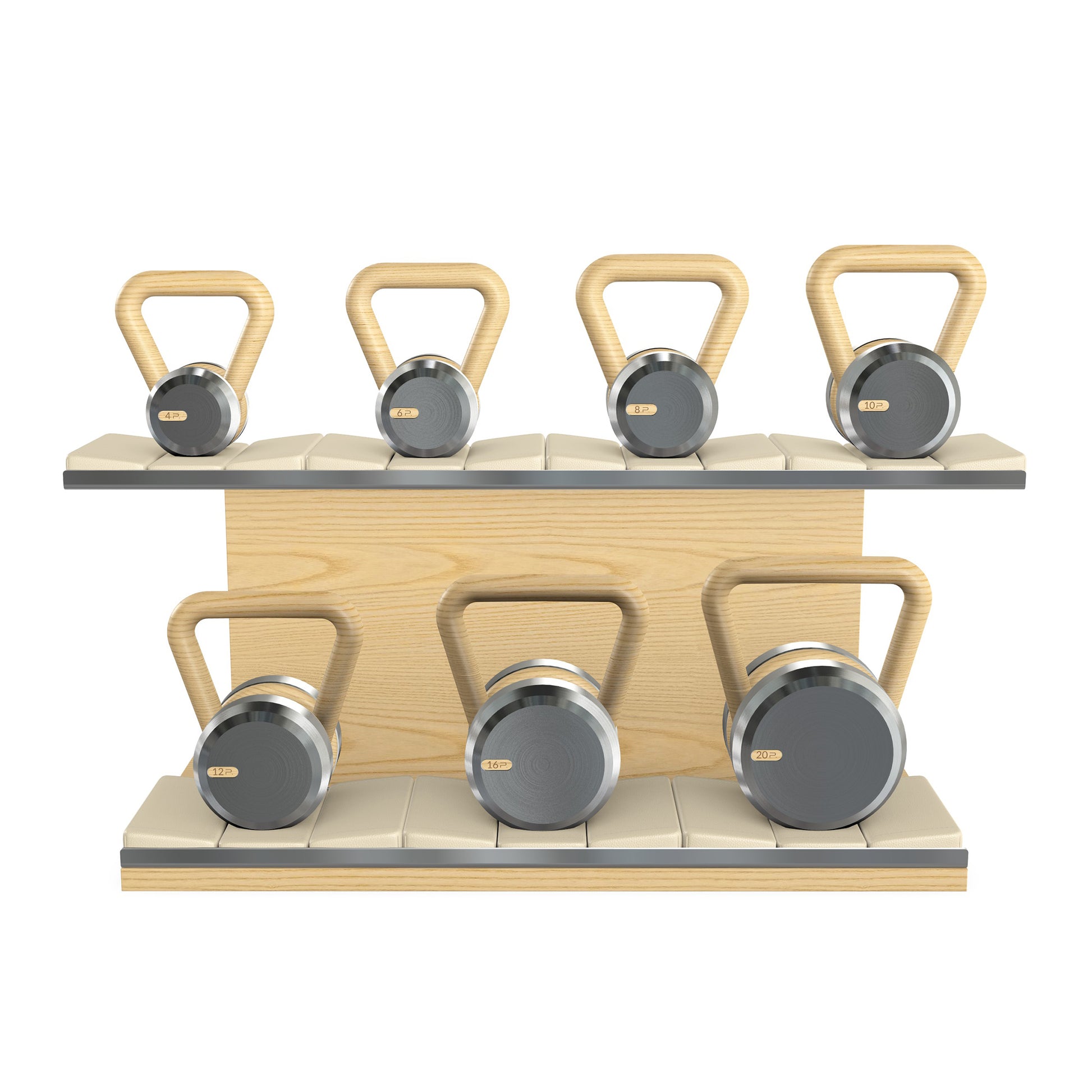 Luxury fitness equipment, 7 premium kettlebells on horizontal wooden stand, handcrafted with stainless steel, premium Italian beige leather and natural ash wood. 