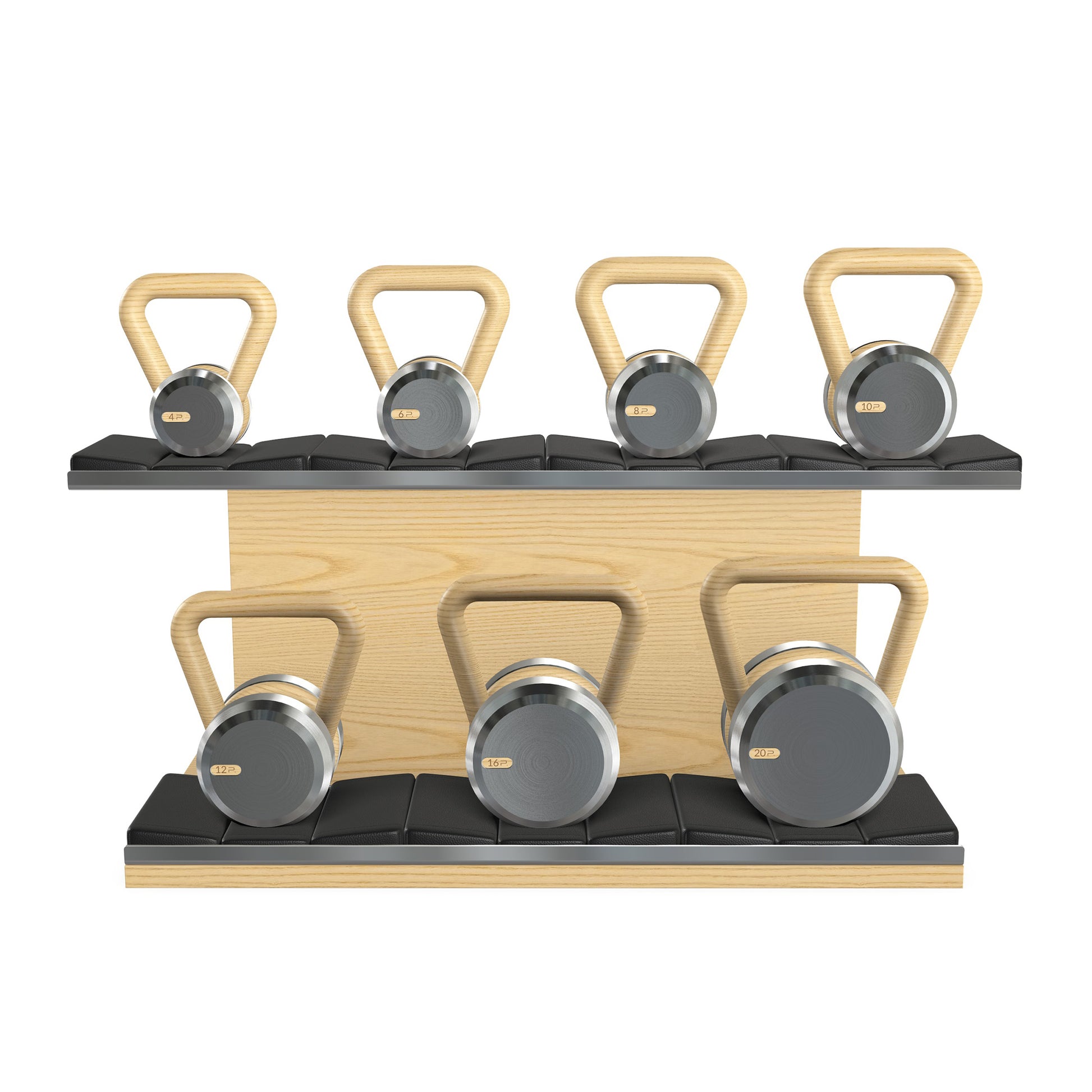 Luxury fitness equipment, 7 premium kettlebells on horizontal wooden stand, handcrafted with stainless steel, premium Italian black leather and natural ash wood. 