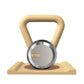 Luxury home gym equipment, premium kettlebell on wooden stand, made with stainless steel and natural ash wood.