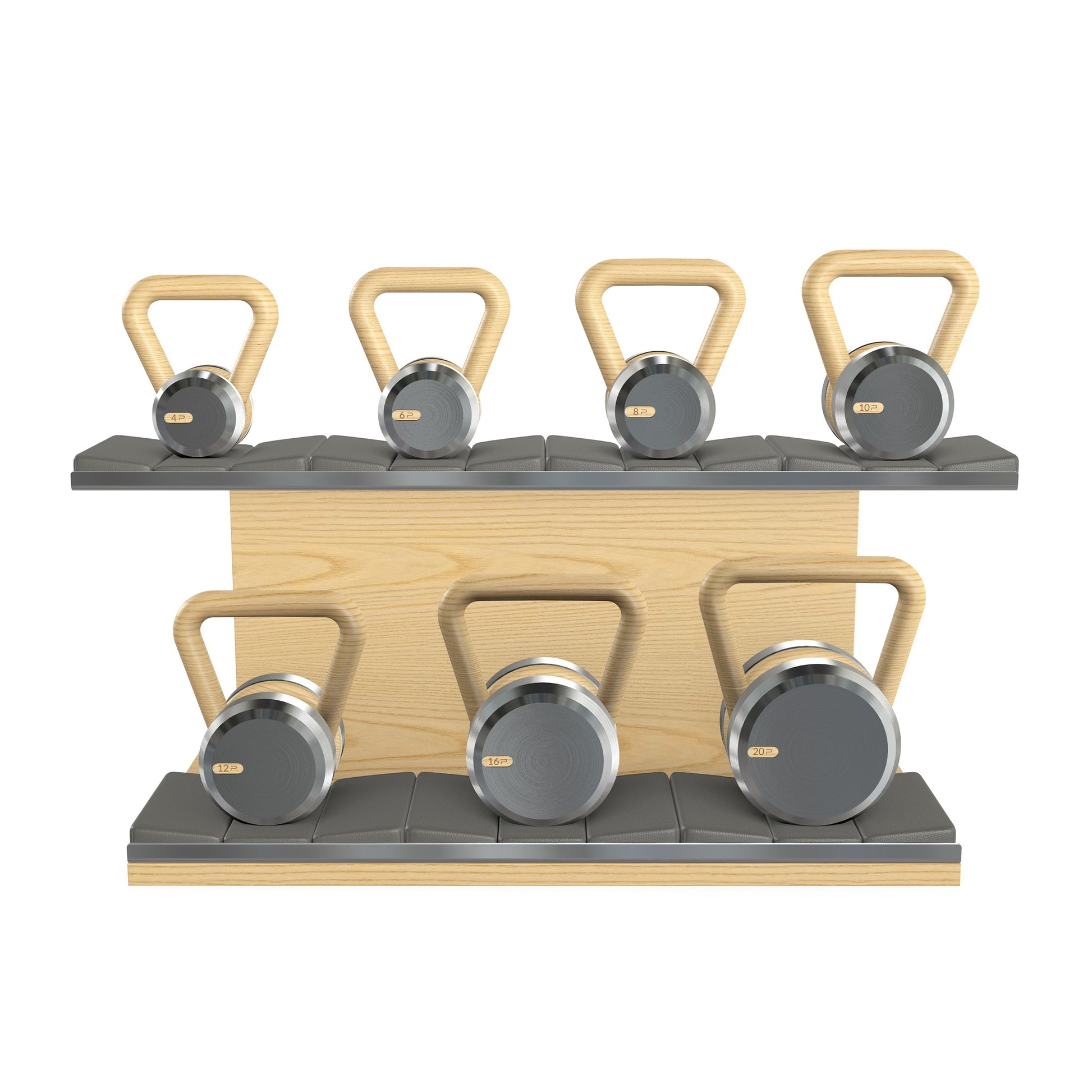 Luxury fitness equipment, 7 premium kettlebells on horizontal wooden stand, handcrafted with stainless steel, premium Italian grey leather and natural ash wood. 