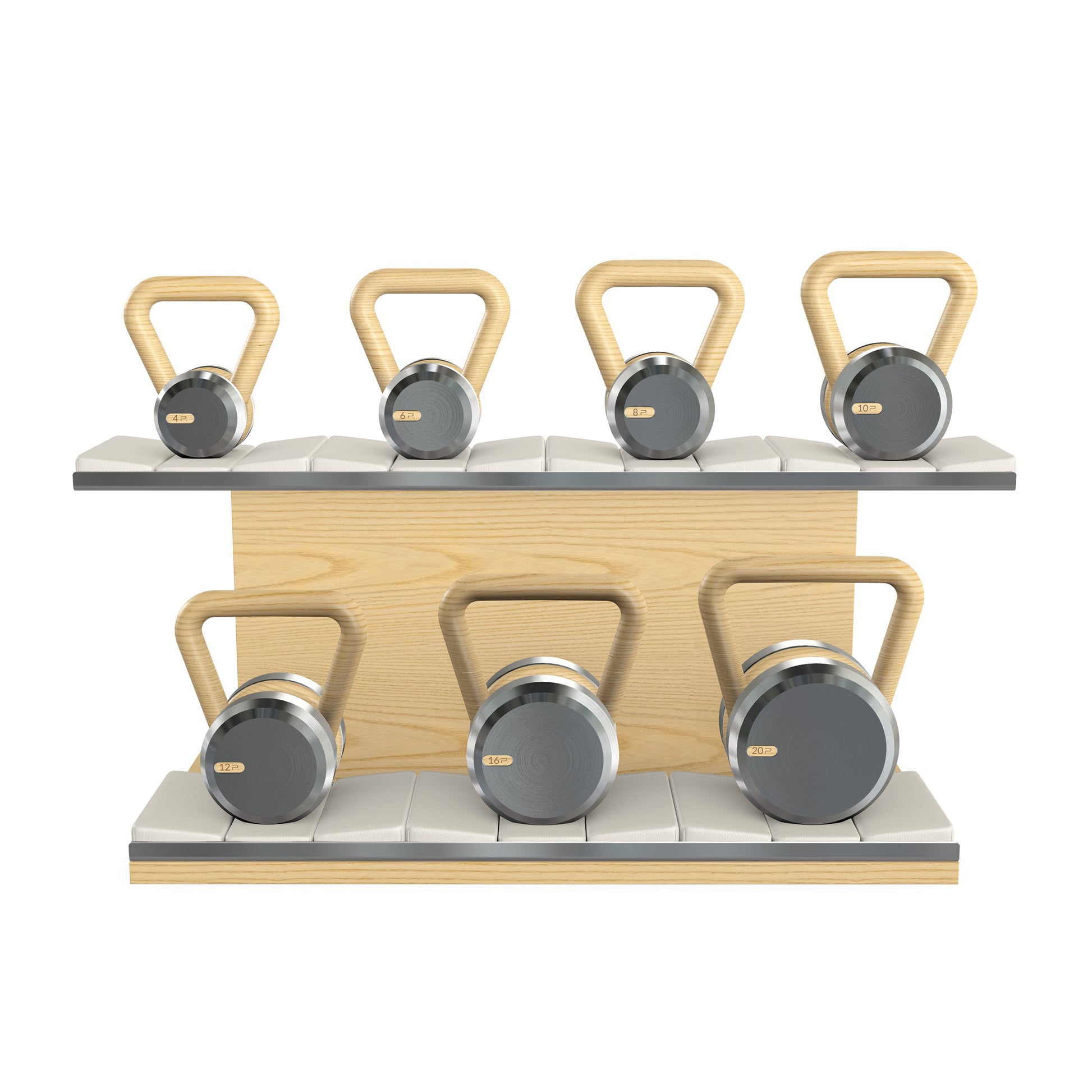 Luxury fitness equipment, 7 premium kettlebells on horizontal wooden stand, handcrafted with stainless steel, premium Italian white leather and natural ash wood. 