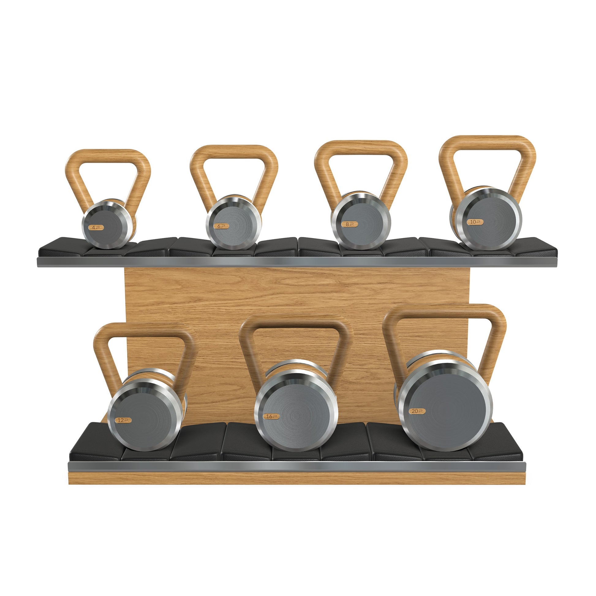 Luxury fitness equipment, 7 premium kettlebells on horizontal wooden stand, handcrafted with stainless steel, premium Italian black leather and black ash wood. 