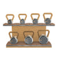 Luxury fitness equipment, 7 premium kettlebells on horizontal wooden stand, handcrafted with stainless steel, premium Italian brown leather and black ash wood. 