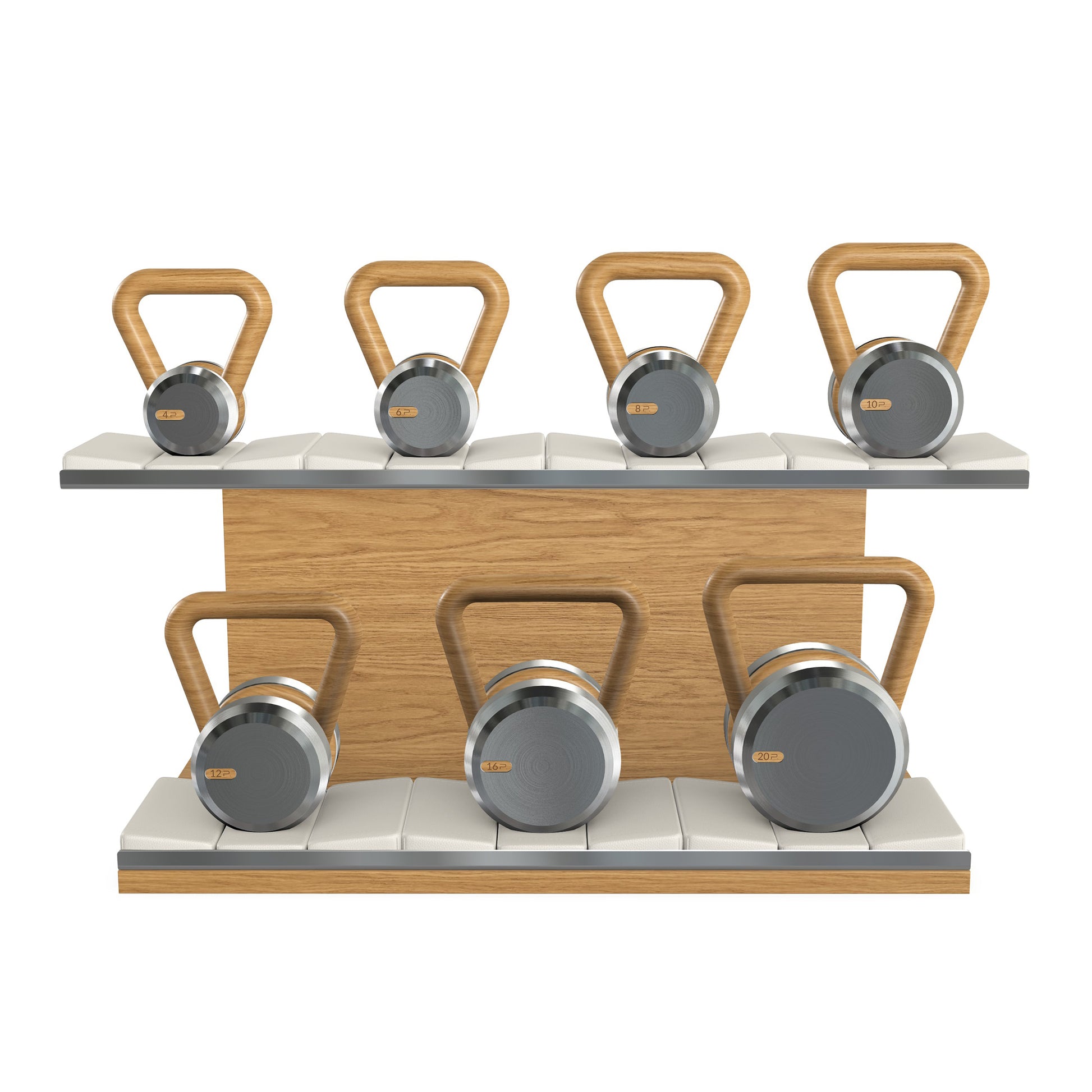 Luxury fitness equipment, 7 premium kettlebells on horizontal wooden stand, handcrafted with stainless steel, premium Italian white leather and black ash wood. 