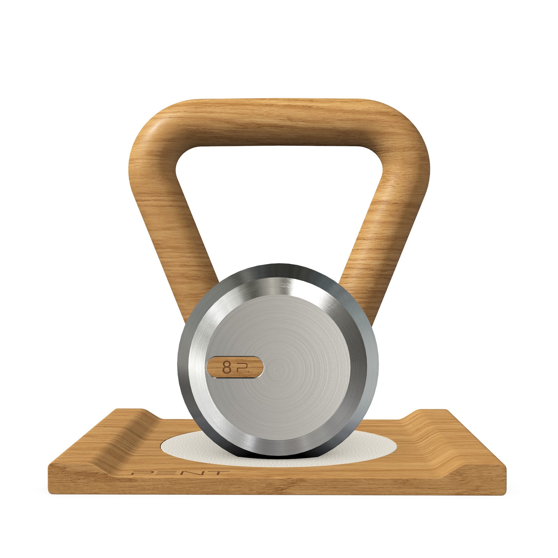 Luxury home gym equipment, premium kettlebell on wooden stand, made with stainless steel and oak wood.