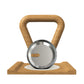 Luxury home gym equipment, premium kettlebell on wooden stand, made with stainless steel and oak wood.