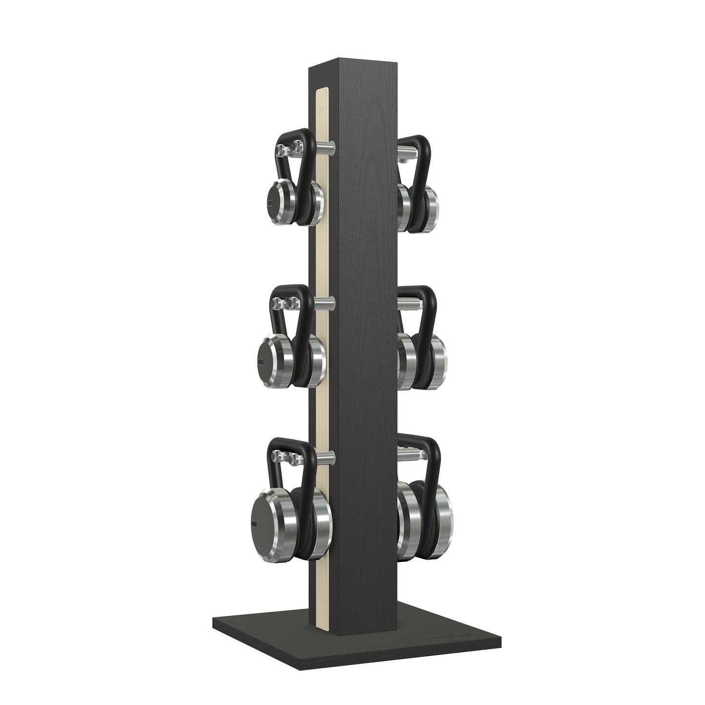 Luxury fitness equipment, 6 luxury kettlebells on vertical wooden stand, handcrafted with stainless steel, premium Italian beige leather and black ash wood. PENT. LOVA Set 