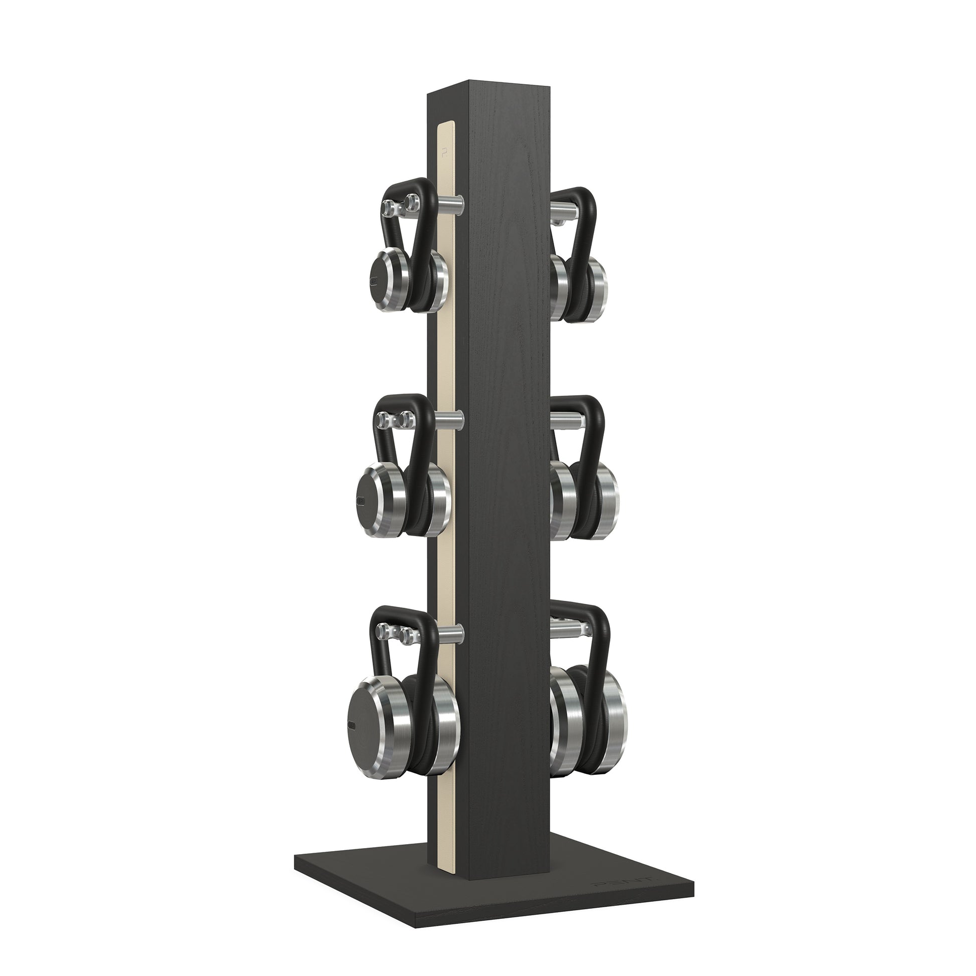 Luxury fitness equipment, 6 luxury kettlebells on vertical wooden stand, handcrafted with stainless steel, premium Italian beige leather and black ash wood. PENT. LOVA Set 