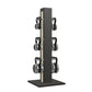 Luxury fitness equipment, 6 luxury kettlebells on vertical wooden stand, handcrafted with stainless steel, premium Italian beige leather and black ash wood. PENT. LOVA Set 