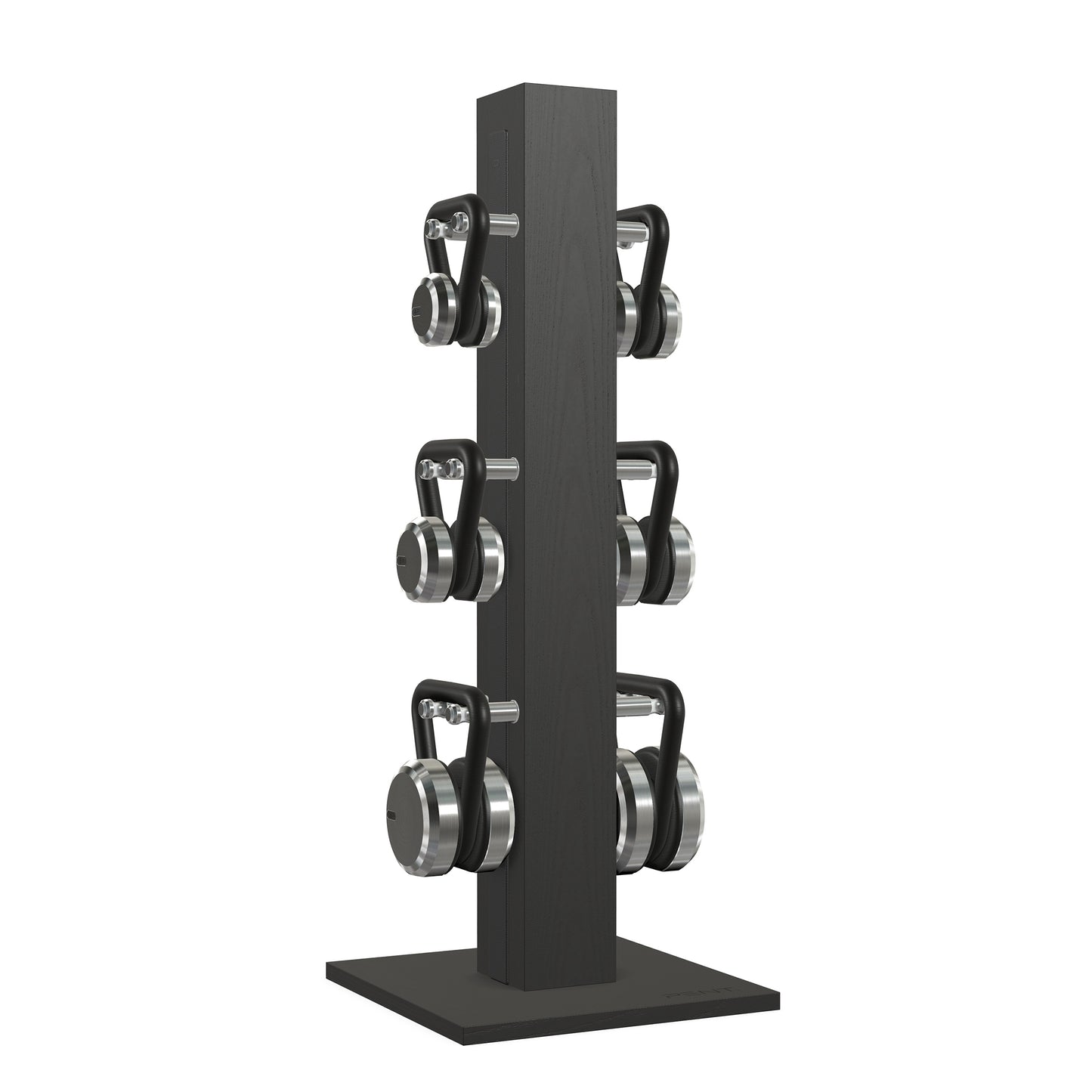 Luxury fitness equipment, 6 luxury kettlebells on vertical wooden stand, handcrafted with stainless steel, premium Italian black leather and black ash wood. PENT. LOVA Set 