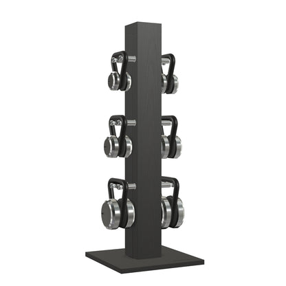 Luxury fitness equipment, 6 luxury kettlebells on vertical wooden stand, handcrafted with stainless steel, premium Italian black leather and black ash wood. PENT. LOVA Set 