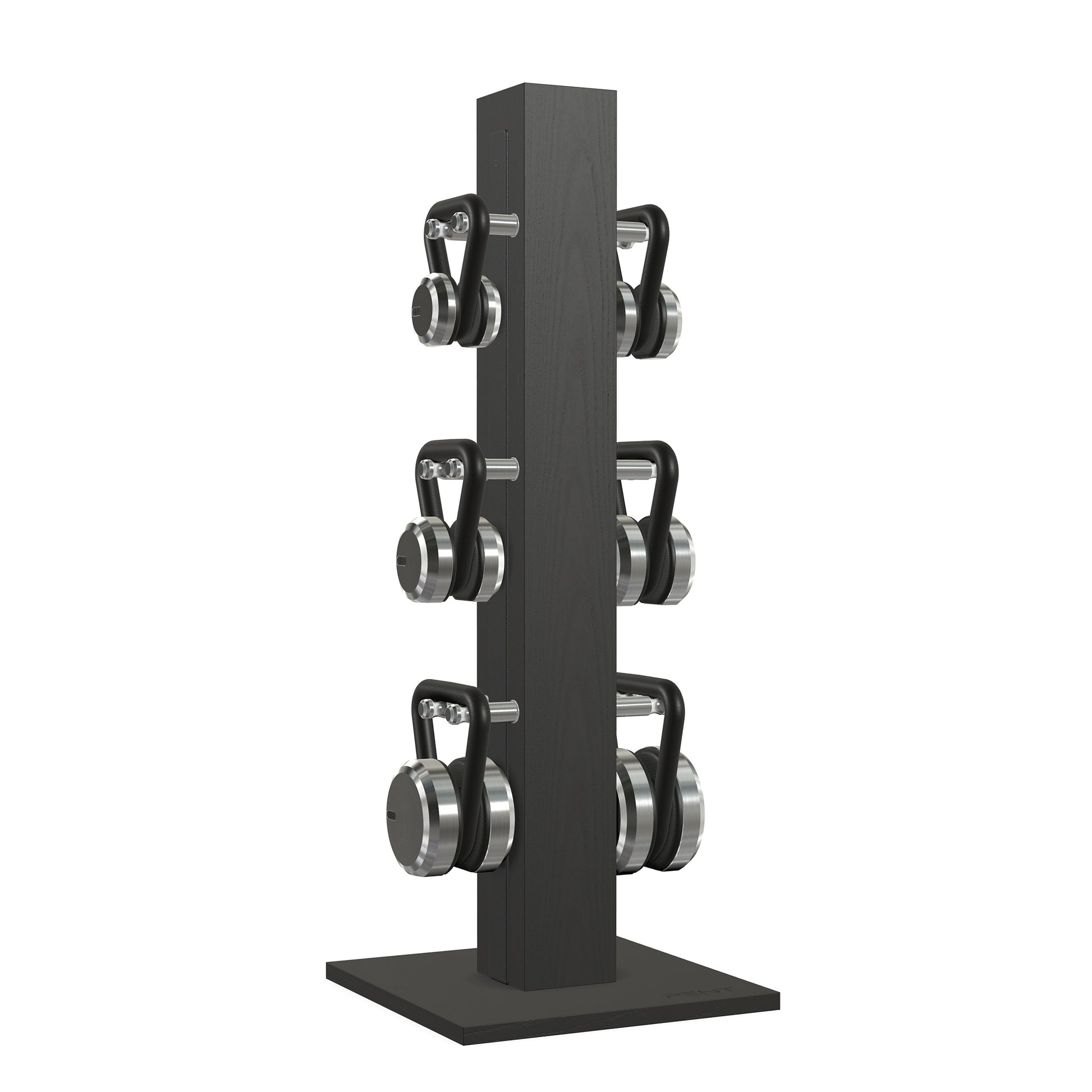 Luxury fitness equipment, 6 luxury kettlebells on vertical wooden stand, handcrafted with stainless steel, premium Italian black leather and black ash wood. PENT. LOVA Set 