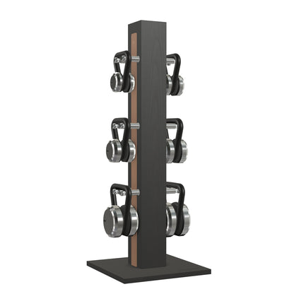 Luxury fitness equipment, 6 luxury kettlebells on vertical wooden stand, handcrafted with stainless steel, premium Italian brown leather and black ash wood. PENT. LOVA Set 