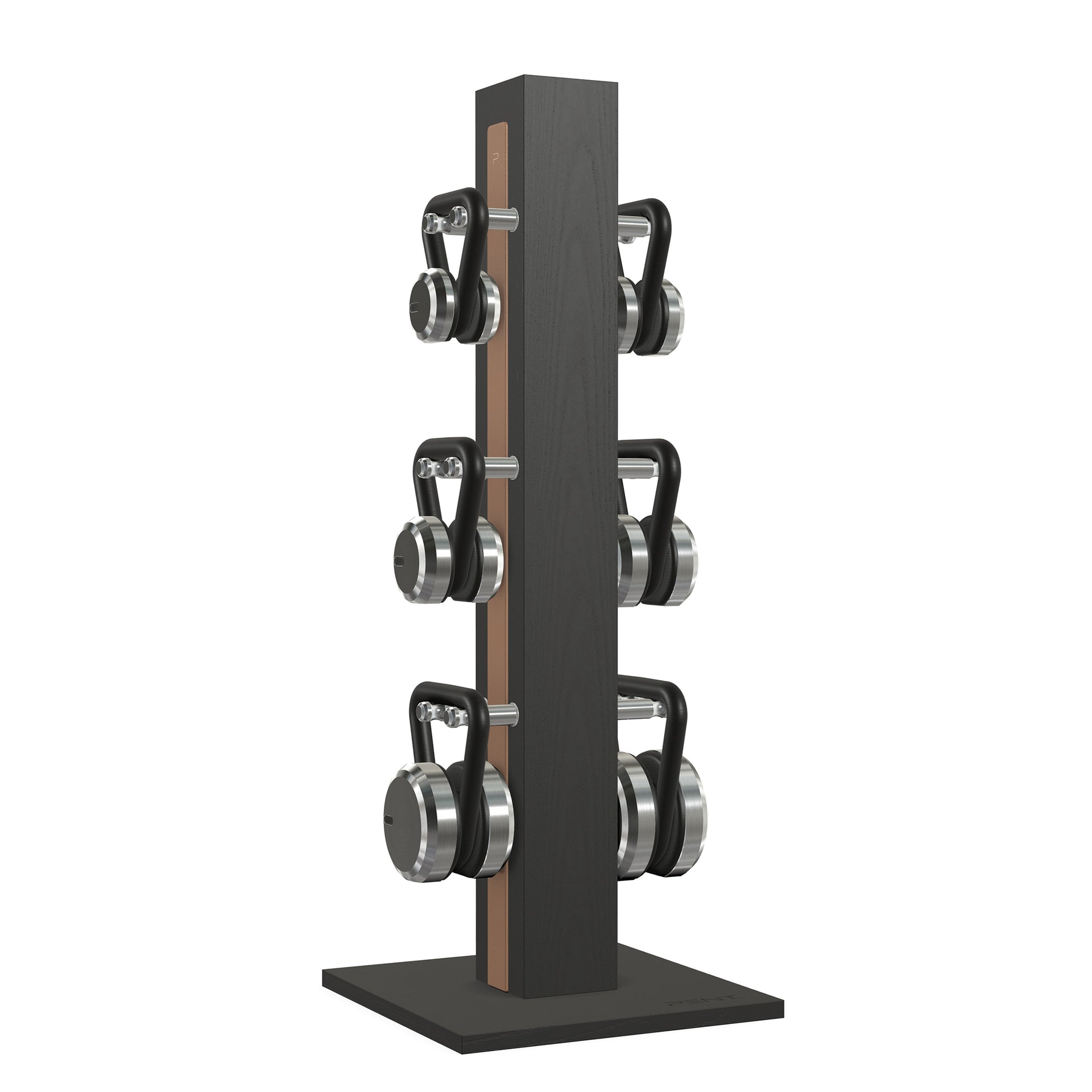 Luxury fitness equipment, 6 luxury kettlebells on vertical wooden stand, handcrafted with stainless steel, premium Italian brown leather and black ash wood. PENT. LOVA Set 