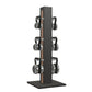Luxury fitness equipment, 6 luxury kettlebells on vertical wooden stand, handcrafted with stainless steel, premium Italian brown leather and black ash wood. PENT. LOVA Set 