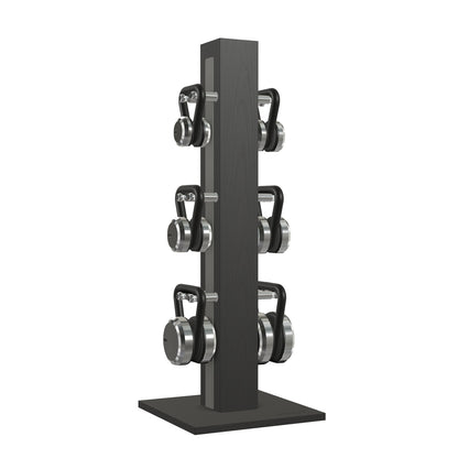 Luxury fitness equipment, 6 luxury kettlebells on vertical wooden stand, handcrafted with stainless steel, premium Italian grey leather and black ash wood. PENT. LOVA Set 
