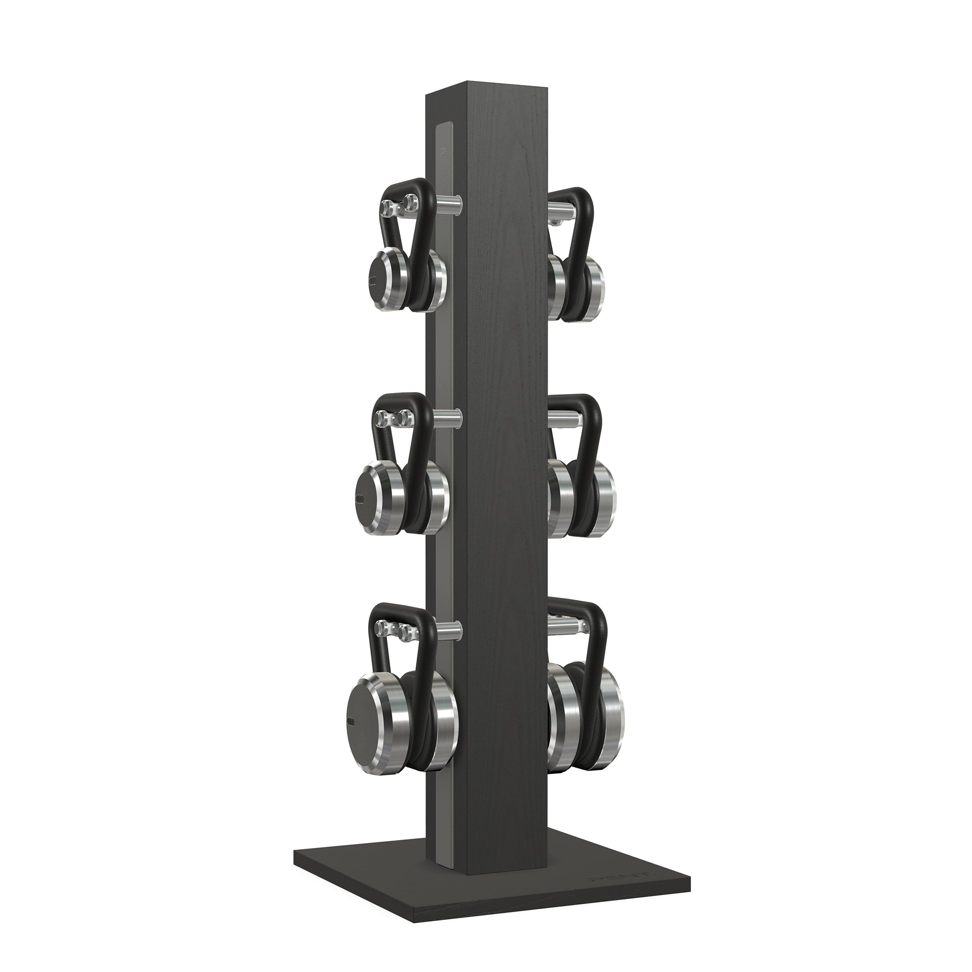 Luxury fitness equipment, 6 luxury kettlebells on vertical wooden stand, handcrafted with stainless steel, premium Italian grey leather and black ash wood. PENT. LOVA Set 