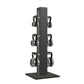 Luxury fitness equipment, 6 luxury kettlebells on vertical wooden stand, handcrafted with stainless steel, premium Italian grey leather and black ash wood. PENT. LOVA Set 