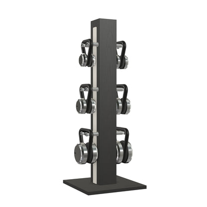Luxury fitness equipment, 6 luxury kettlebells on vertical wooden stand, handcrafted with stainless steel, premium Italian white leather and black ash wood. PENT. LOVA Set 