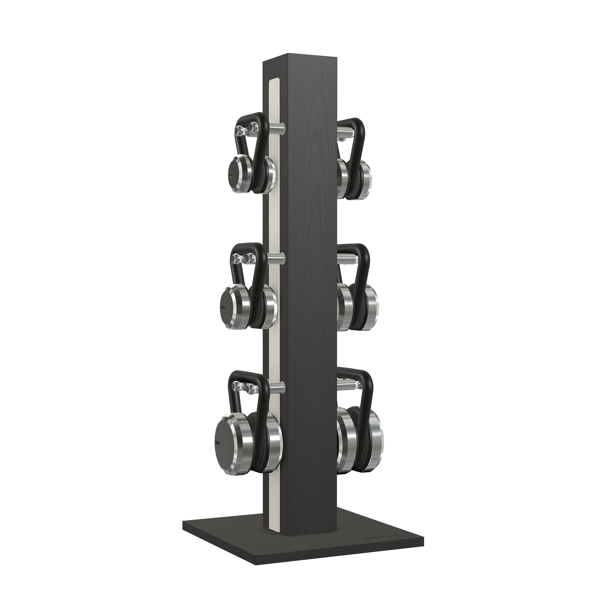Luxury fitness equipment, 6 luxury kettlebells on vertical wooden stand, handcrafted with stainless steel, premium Italian white leather and black ash wood. PENT. LOVA Set 