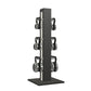 Luxury fitness equipment, 6 luxury kettlebells on vertical wooden stand, handcrafted with stainless steel, premium Italian white leather and black ash wood. PENT. LOVA Set 
