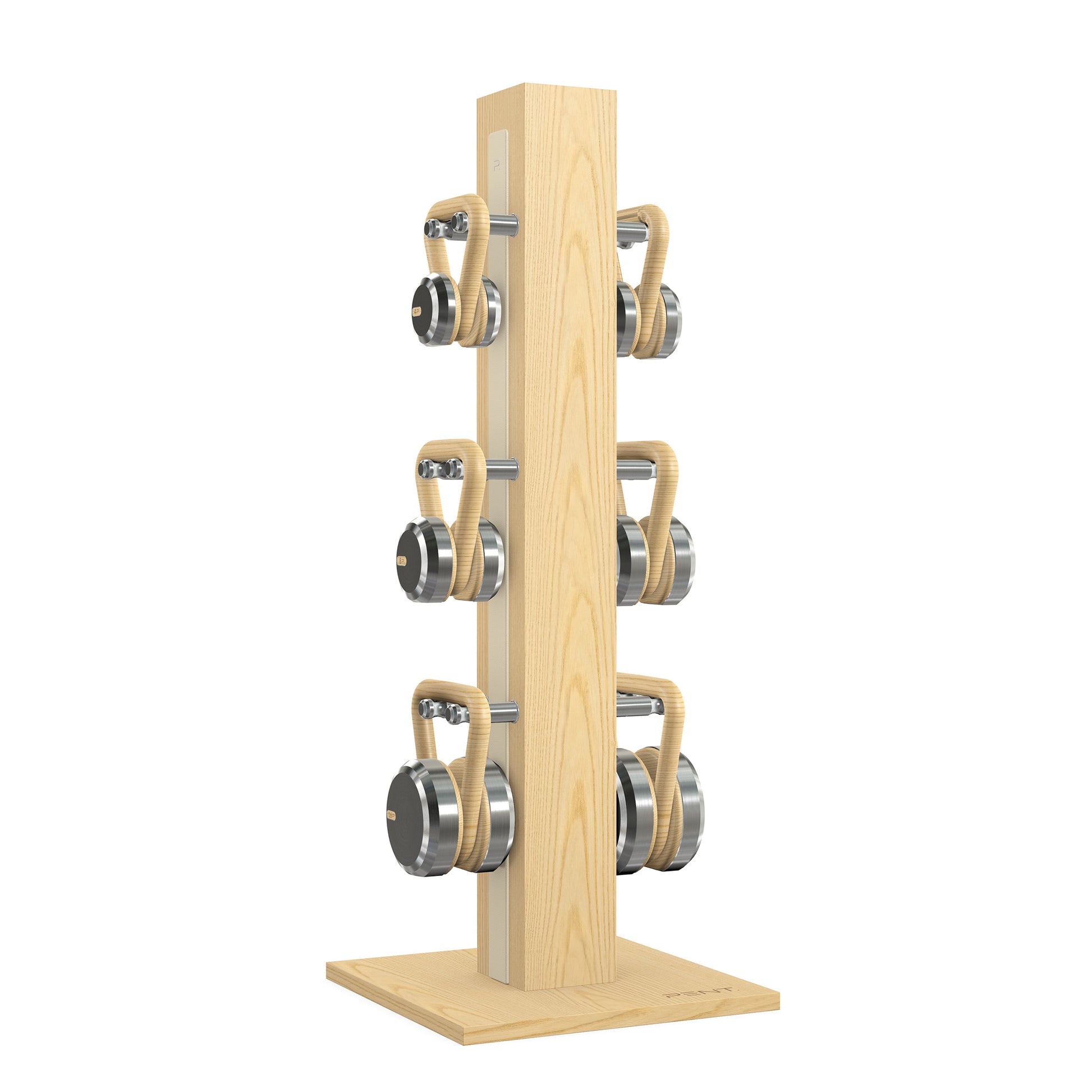 Luxury fitness equipment, 6 luxury kettlebells on vertical wooden stand, handcrafted with stainless steel, premium Italian beige leather and natural ash wood. PENT. LOVA Set 