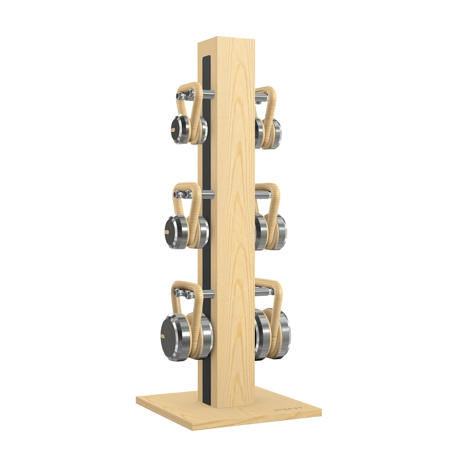 Luxury fitness equipment, 6 luxury kettlebells on vertical wooden stand, handcrafted with stainless steel, premium Italian black leather and natural ash wood. PENT. LOVA Set 