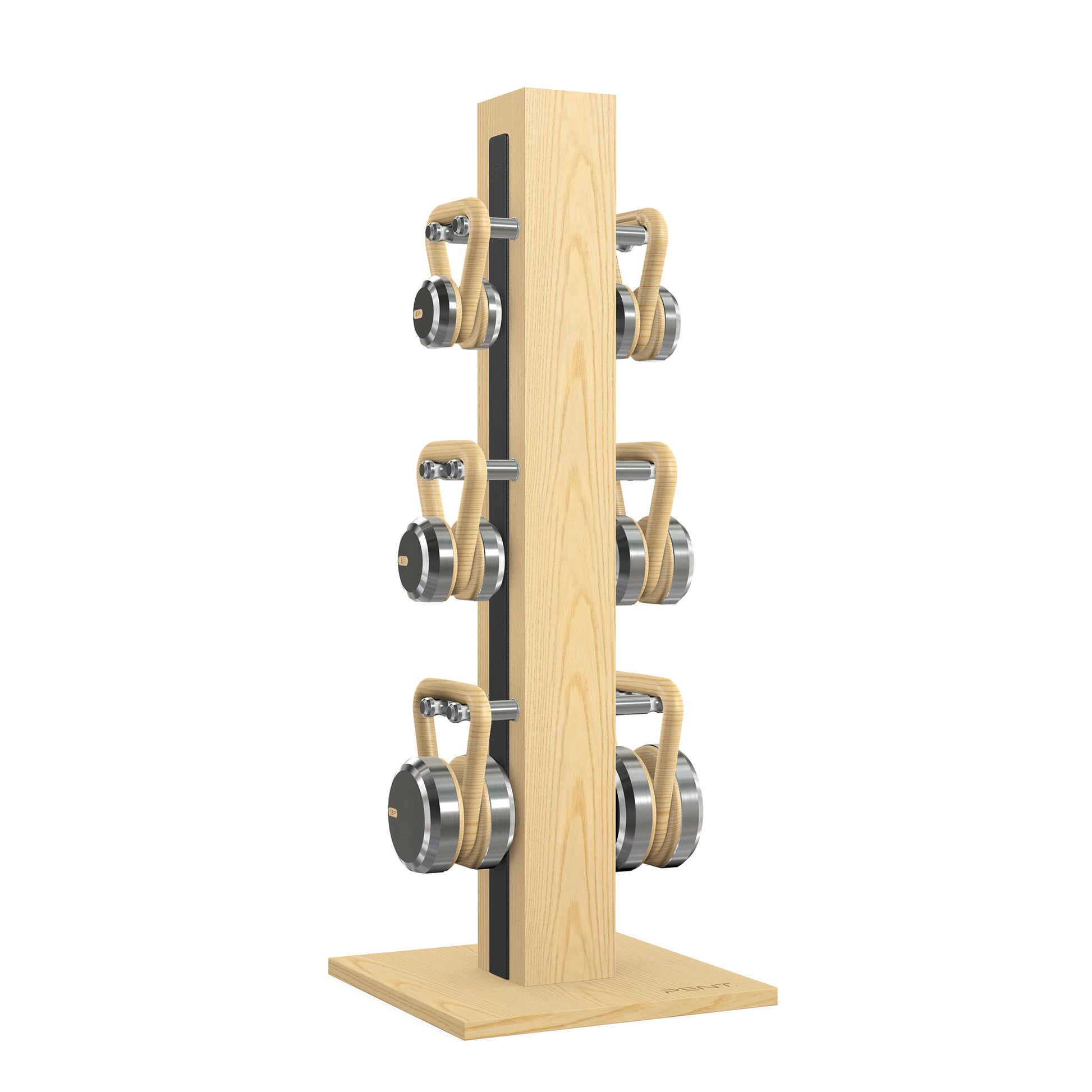 Luxury fitness equipment, 6 luxury kettlebells on vertical wooden stand, handcrafted with stainless steel, premium Italian black leather and natural ash wood. PENT. LOVA Set 
